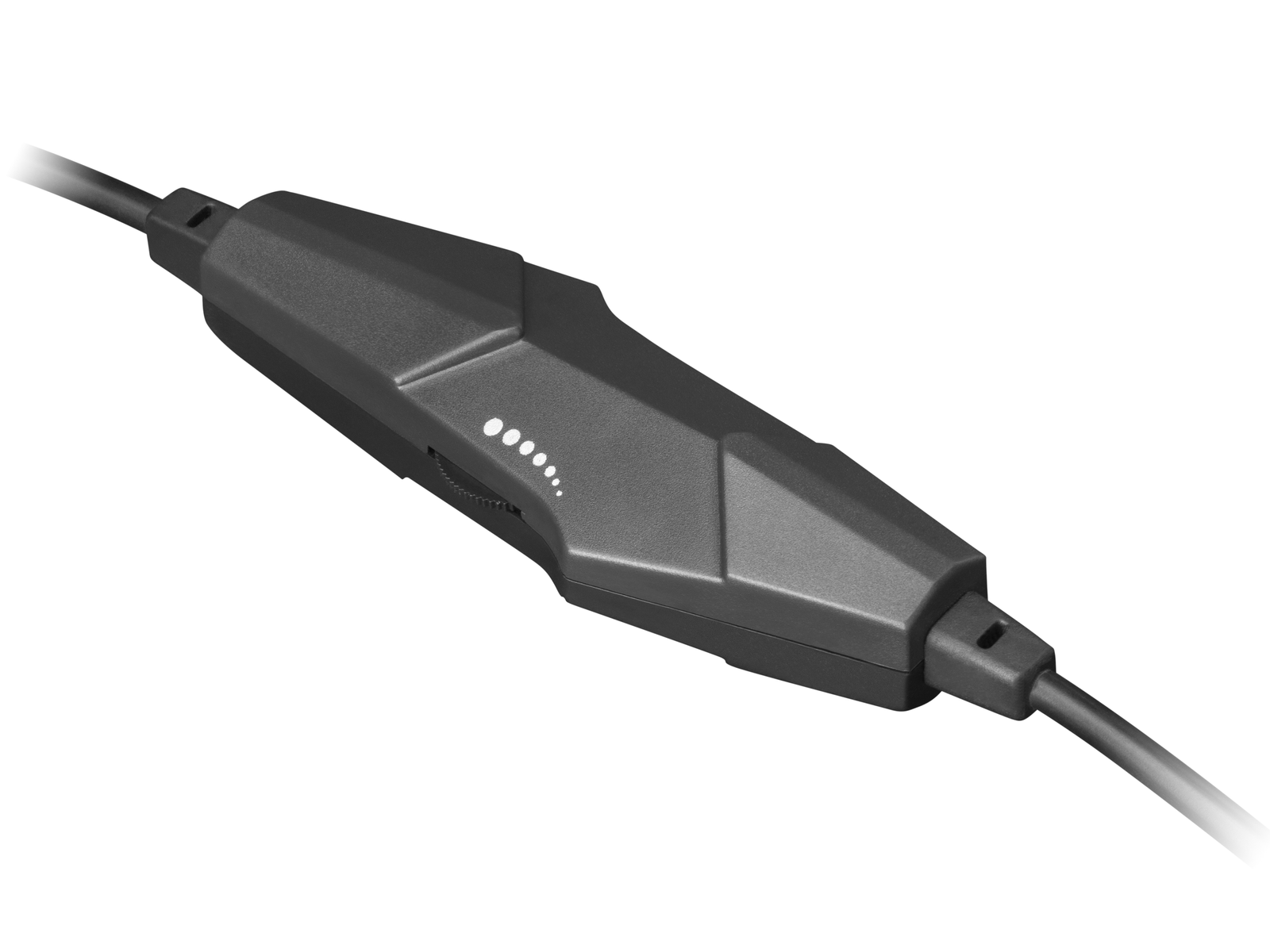 Czarny kontroler kabla audio z przyciskami głośności i lampkami kontrolnymi, z grubym czarnym kablem.