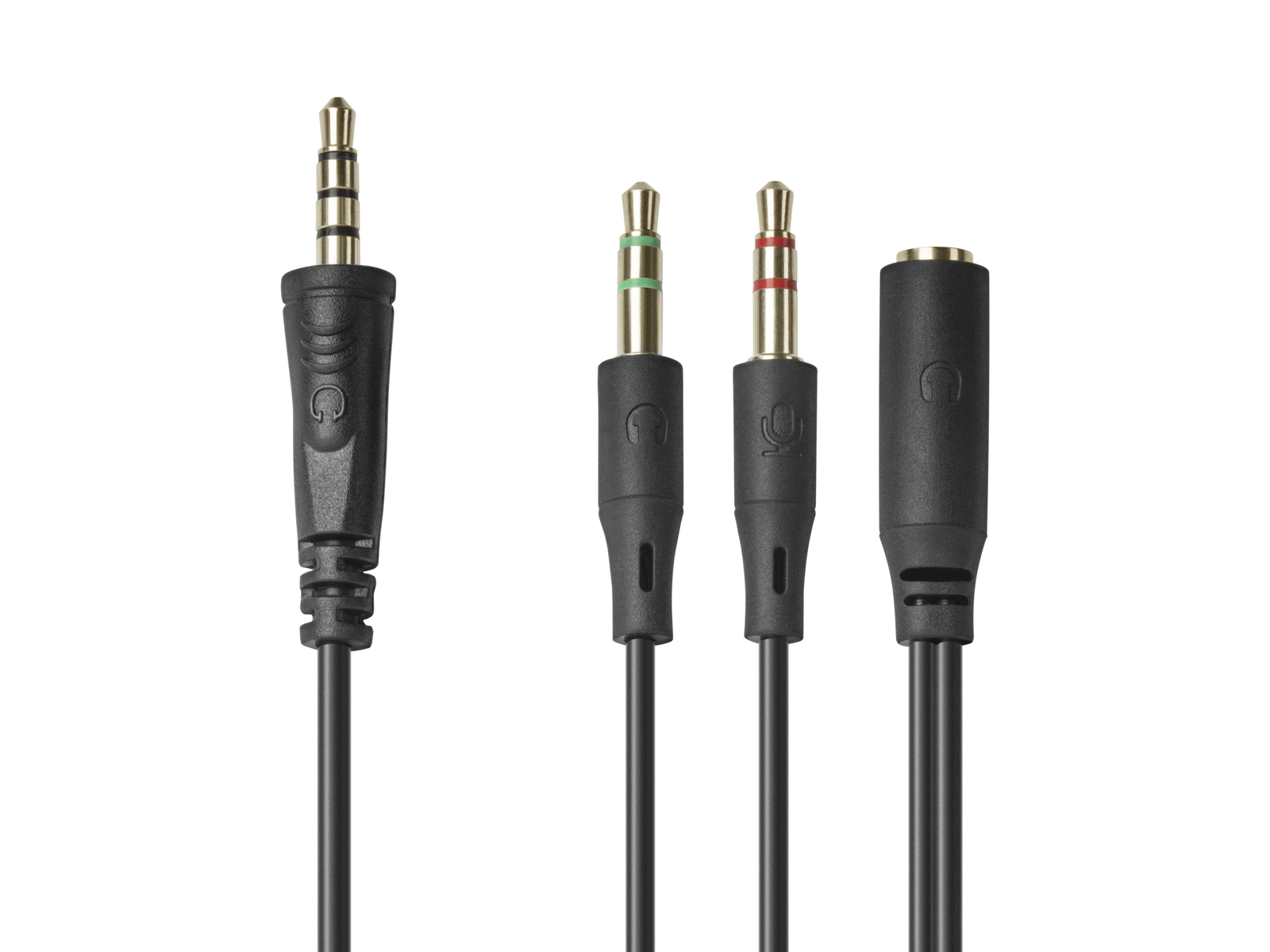 Cztery gniazda audio: 3,5 mm, dwa z kolorowymi pierścieniami i adapter, wszystkie czarne.