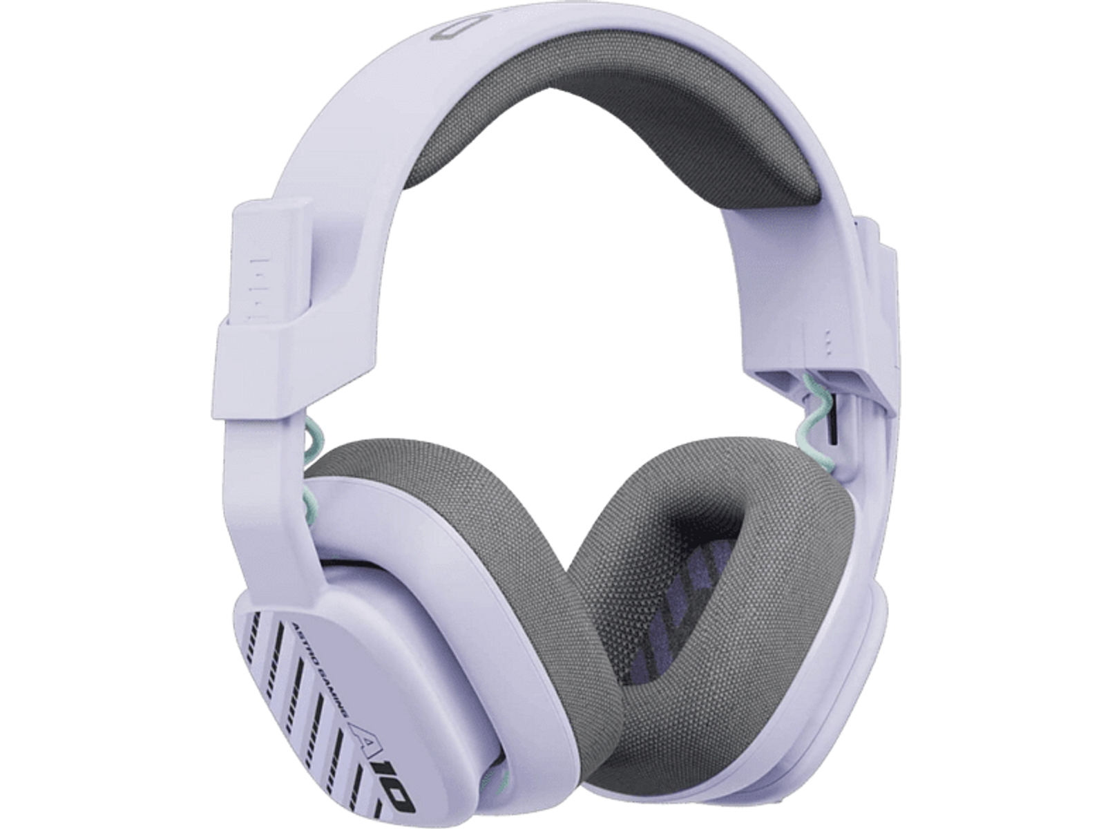 Fioletowy zestaw słuchawkowy do gier z szarymi nausznicami i mikrofonem. Zestaw spoczywa na białym tle.
