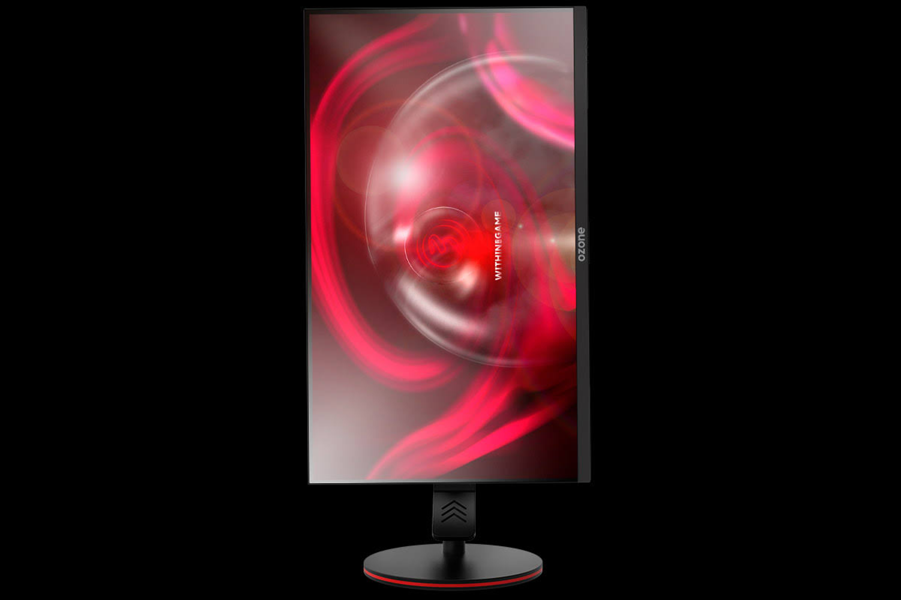 Monitor nero con dettagli rossi, che mostra un design astratto rosso e bianco.