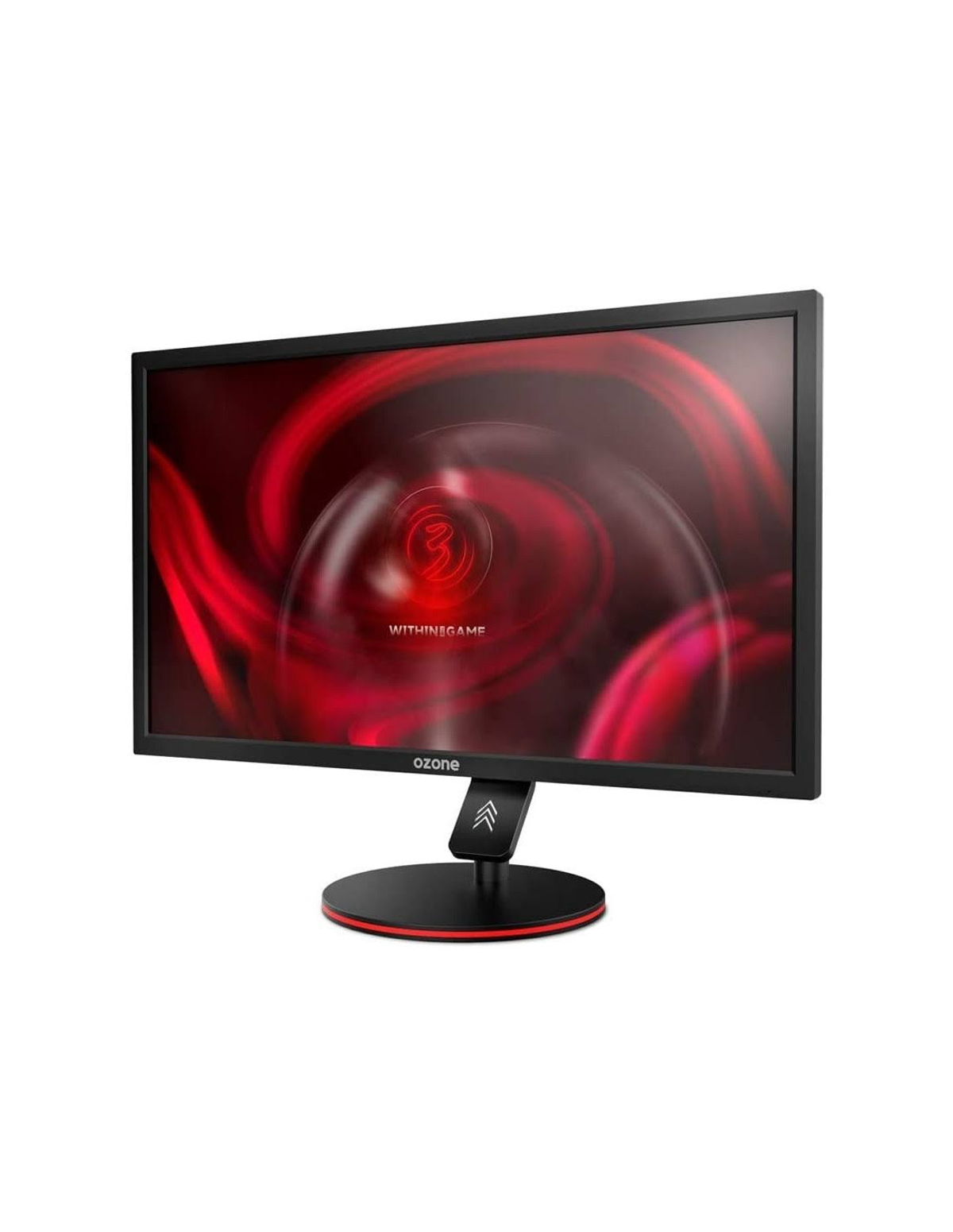 Monitor del computer nero con sfondo rosso e nero. Il monitor ha un supporto nero con un anello rosso.