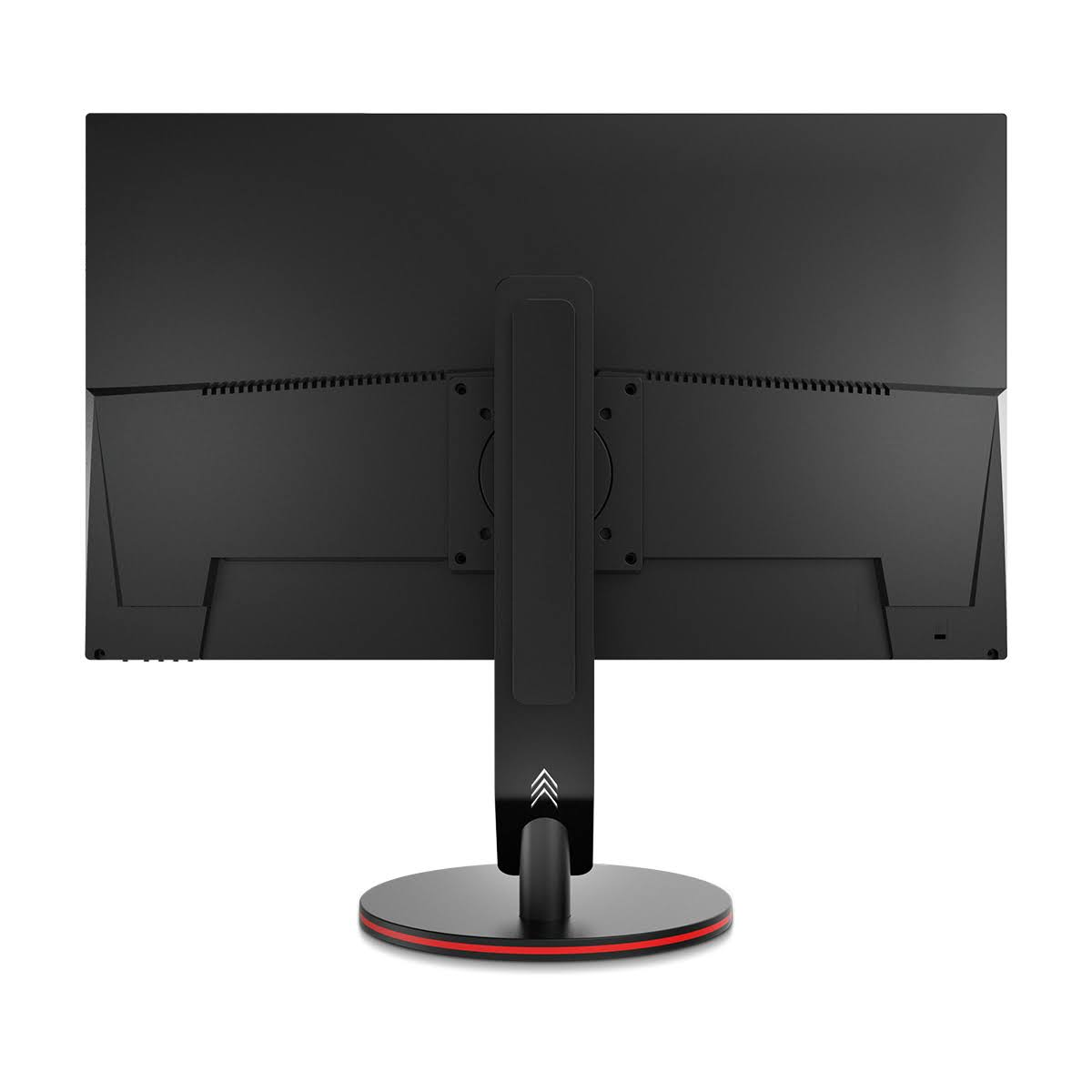 Retro di un monitor per computer nero con supporto. Cerchio rosso sul supporto.