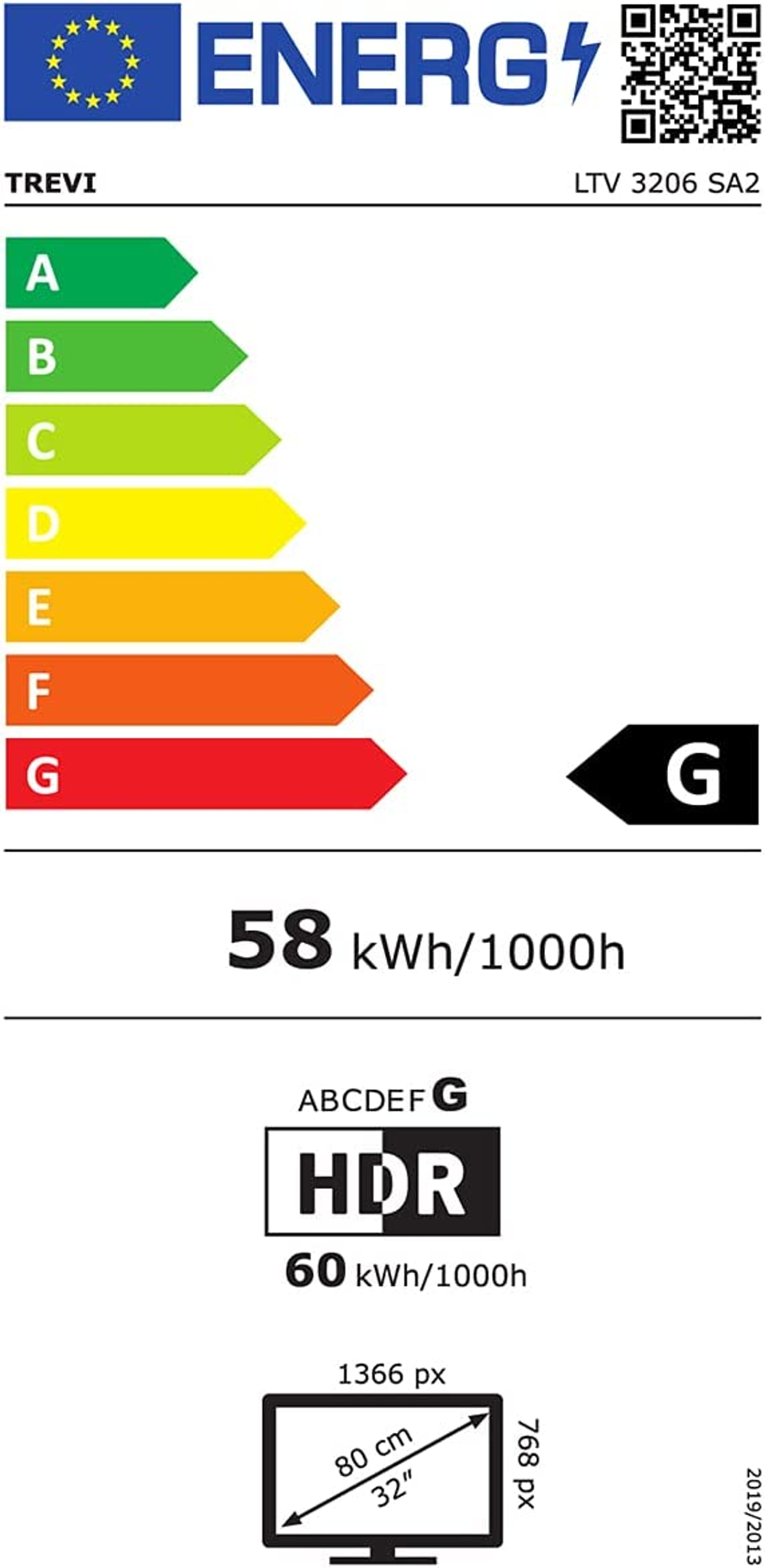 Una etiqueta de eficiencia energética para un televisor. Muestra el consumo de energía y una clasificación G.