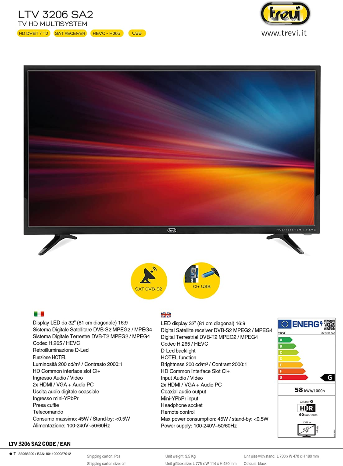 Pantalla de TV negra con imagen colorida y especificaciones en español.