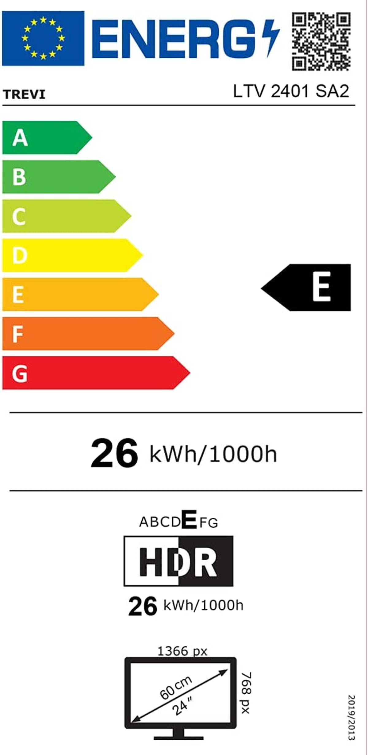Etykieta energetyczna. Pokazuje Trevi LTV 2401 SA2, ocena E.