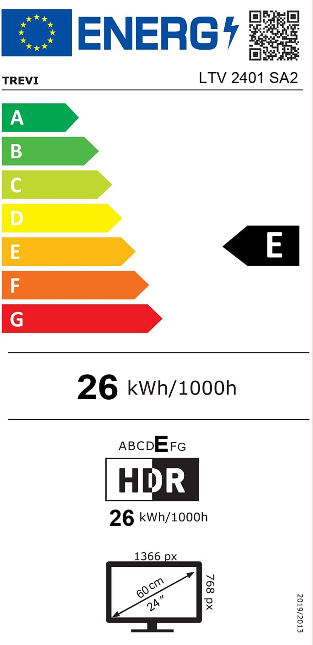 Etykieta energetyczna z różnymi klasami efektywności energetycznej od A do G, pokazująca szczegóły telewizora.