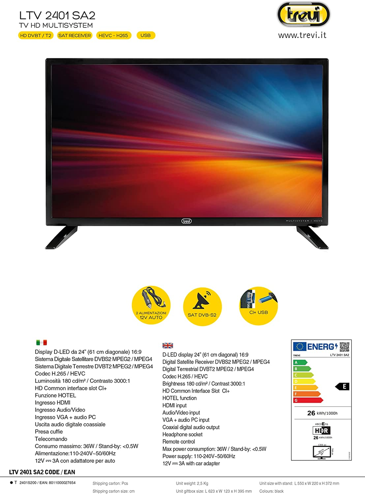 Arkusz specyfikacji telewizora. Arkusz jest biały z informacjami. Czarny telewizor na dole.