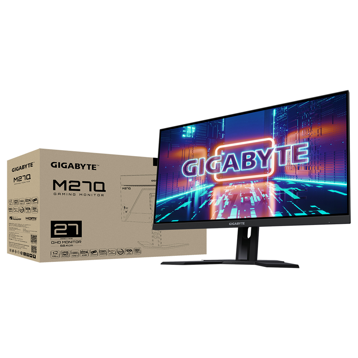 Un monitor da gioco Gigabyte accanto alla sua scatola. Lo schermo mostra una grafica.