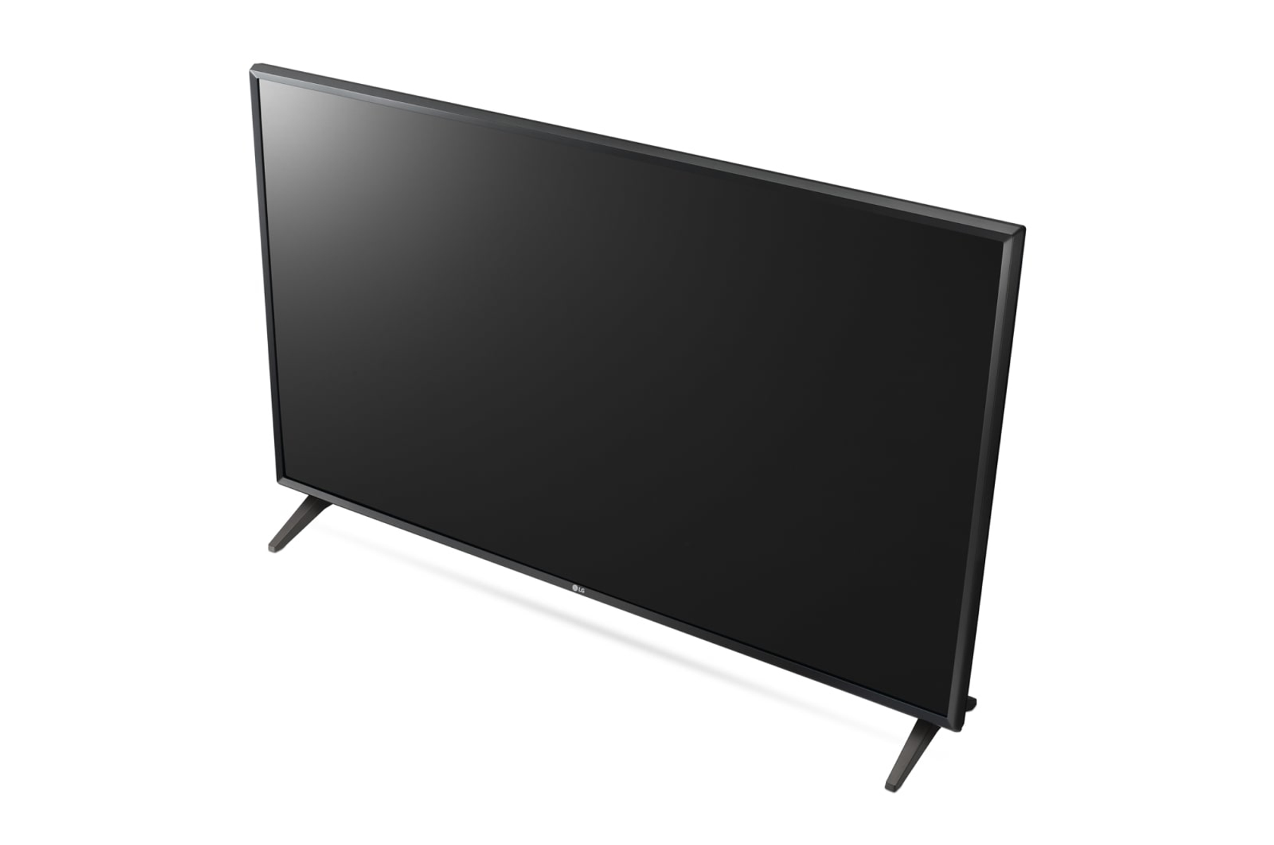 TV de pantalla plana negra, vista superior. Marco fino, dos patas.