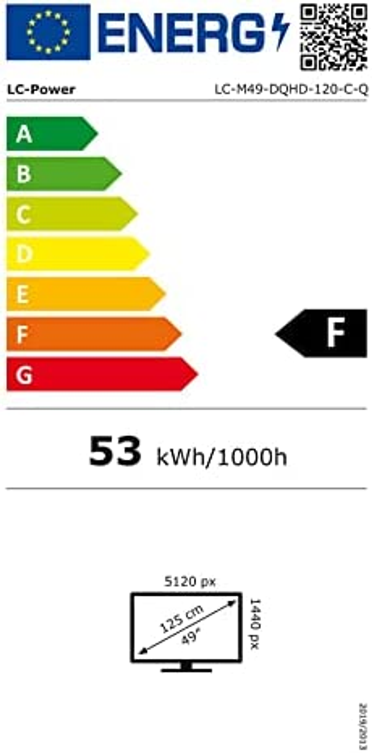 Etykieta energetyczna pokazująca efektywność energetyczną telewizora, klasa F i zużycie energii 53 kWh/1000h.