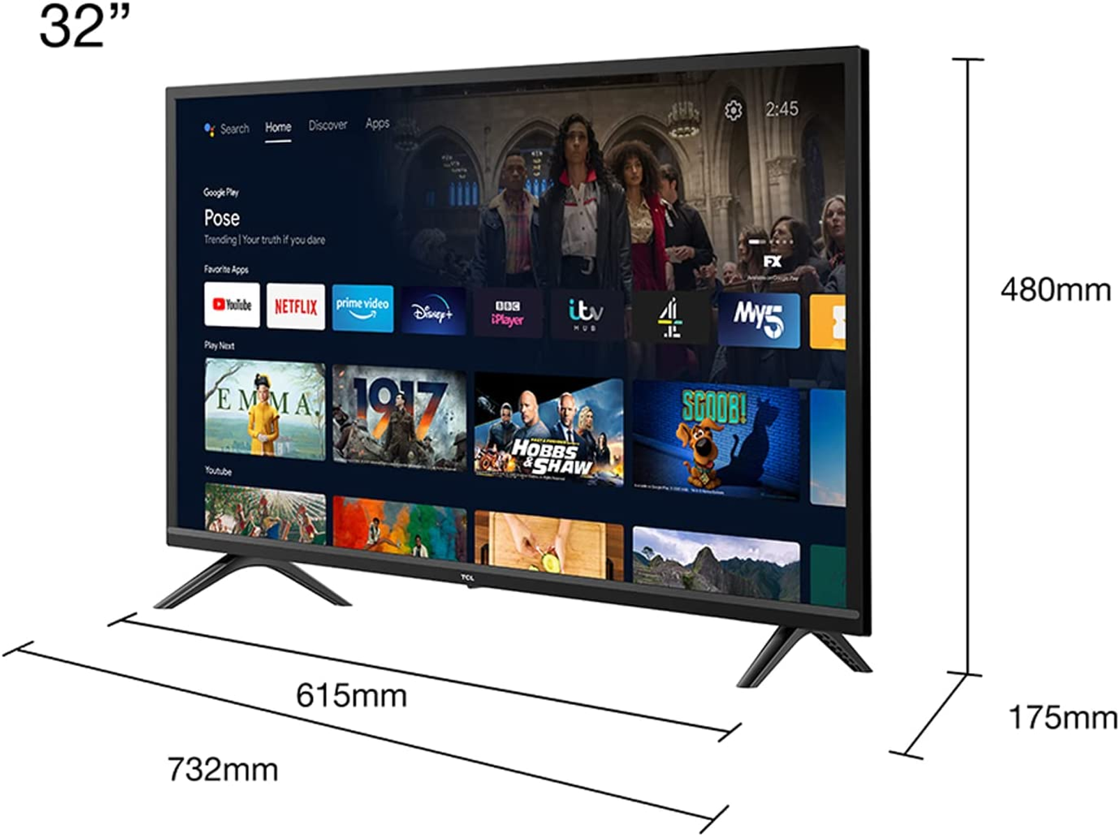 TV de 32 pulgadas mostrando una pantalla. Se muestran las dimensiones. Soporte negro. Fondo blanco.