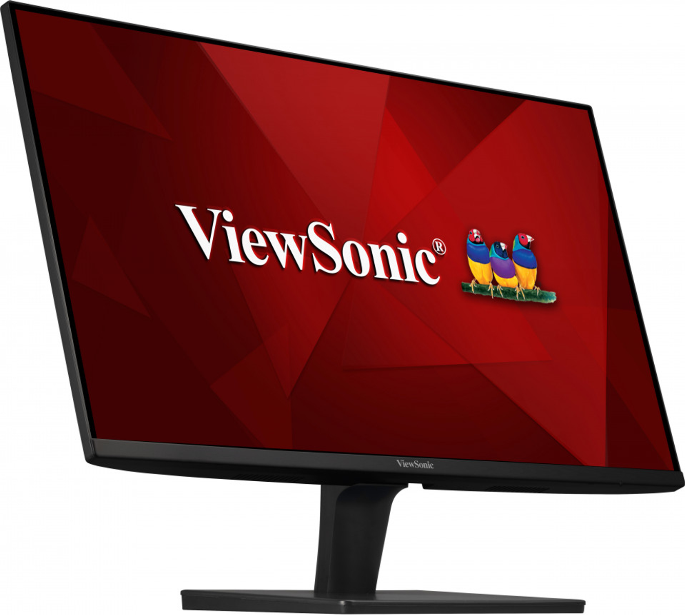 Monitor ViewSonic con sfondo rosso e logo. Tre uccelli su un ramo nell'angolo. Cornice nera.
