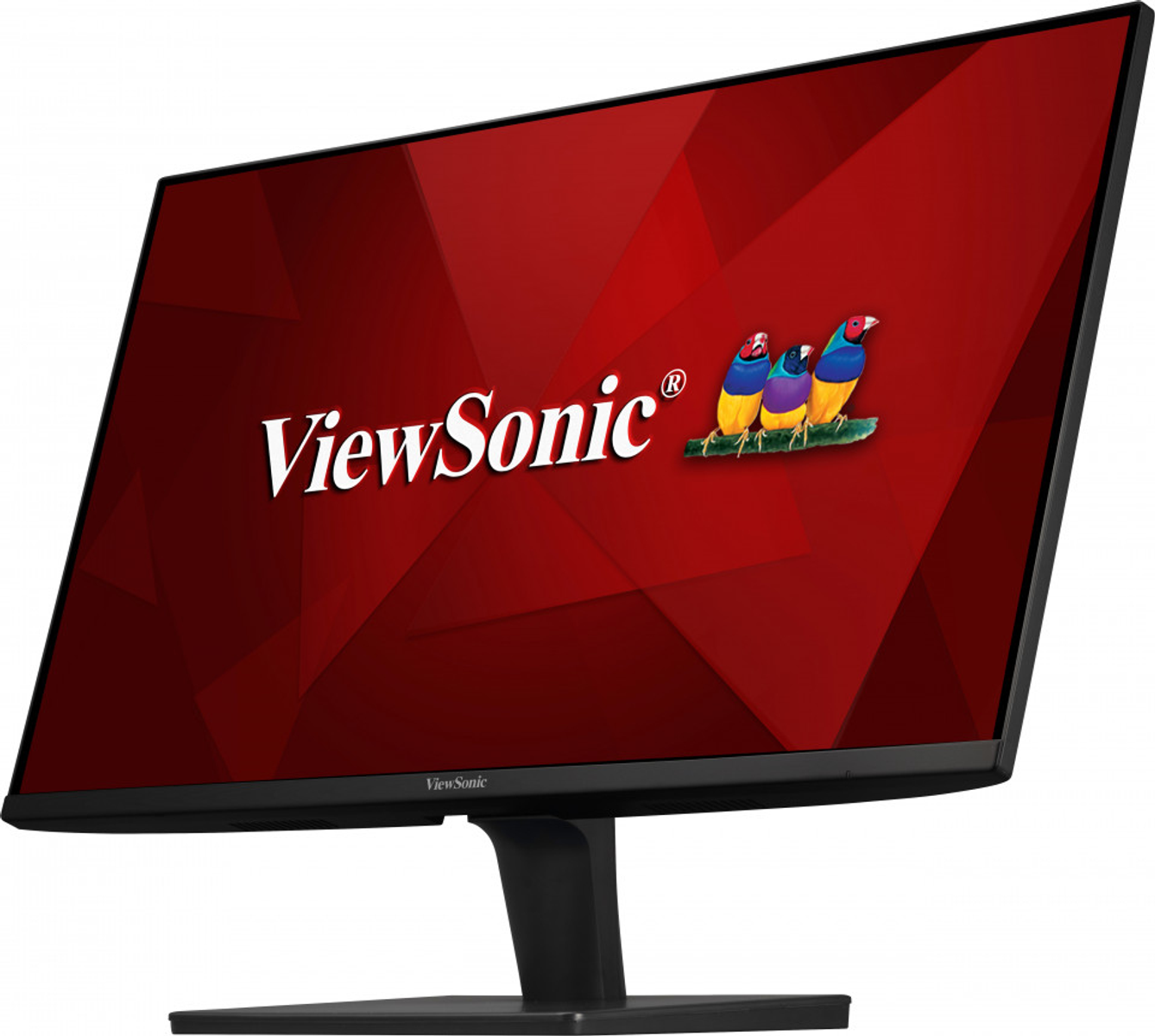 Un monitor per computer con sfondo rosso e il logo ViewSonic con tre uccelli.