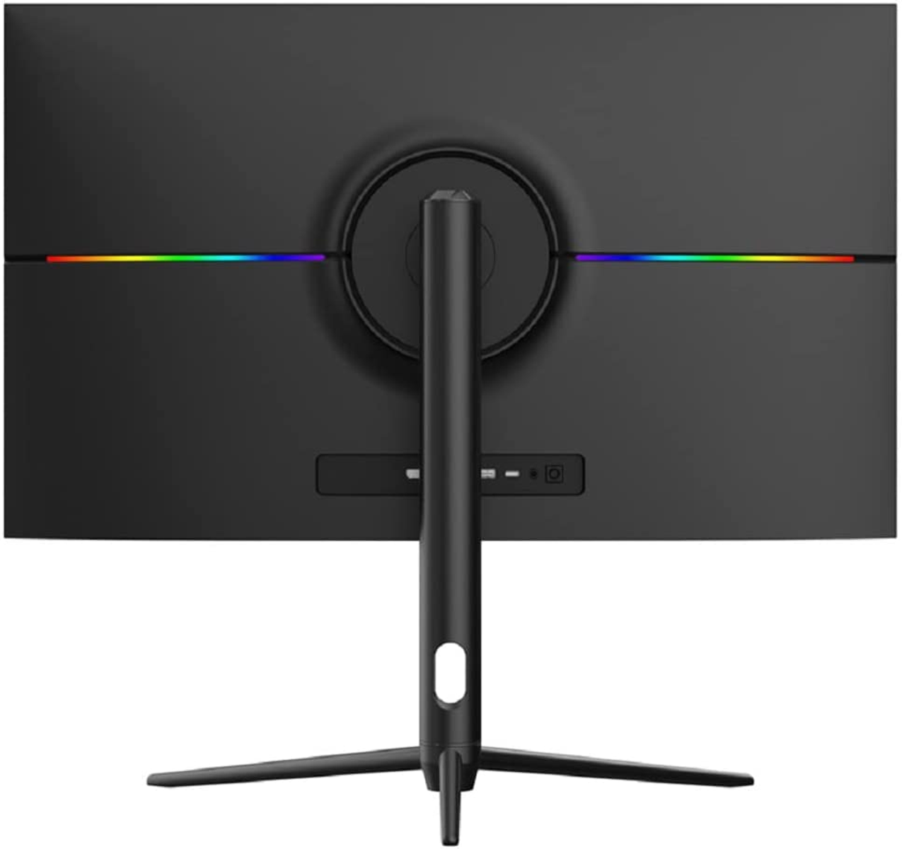 Czarny monitor, widok z tyłu, z kolorowymi światłami LED.