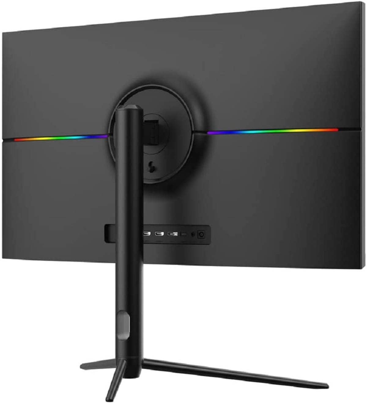 Widok z tyłu czarnego monitora ze stojakiem i wielokolorowym paskiem świetlnym.