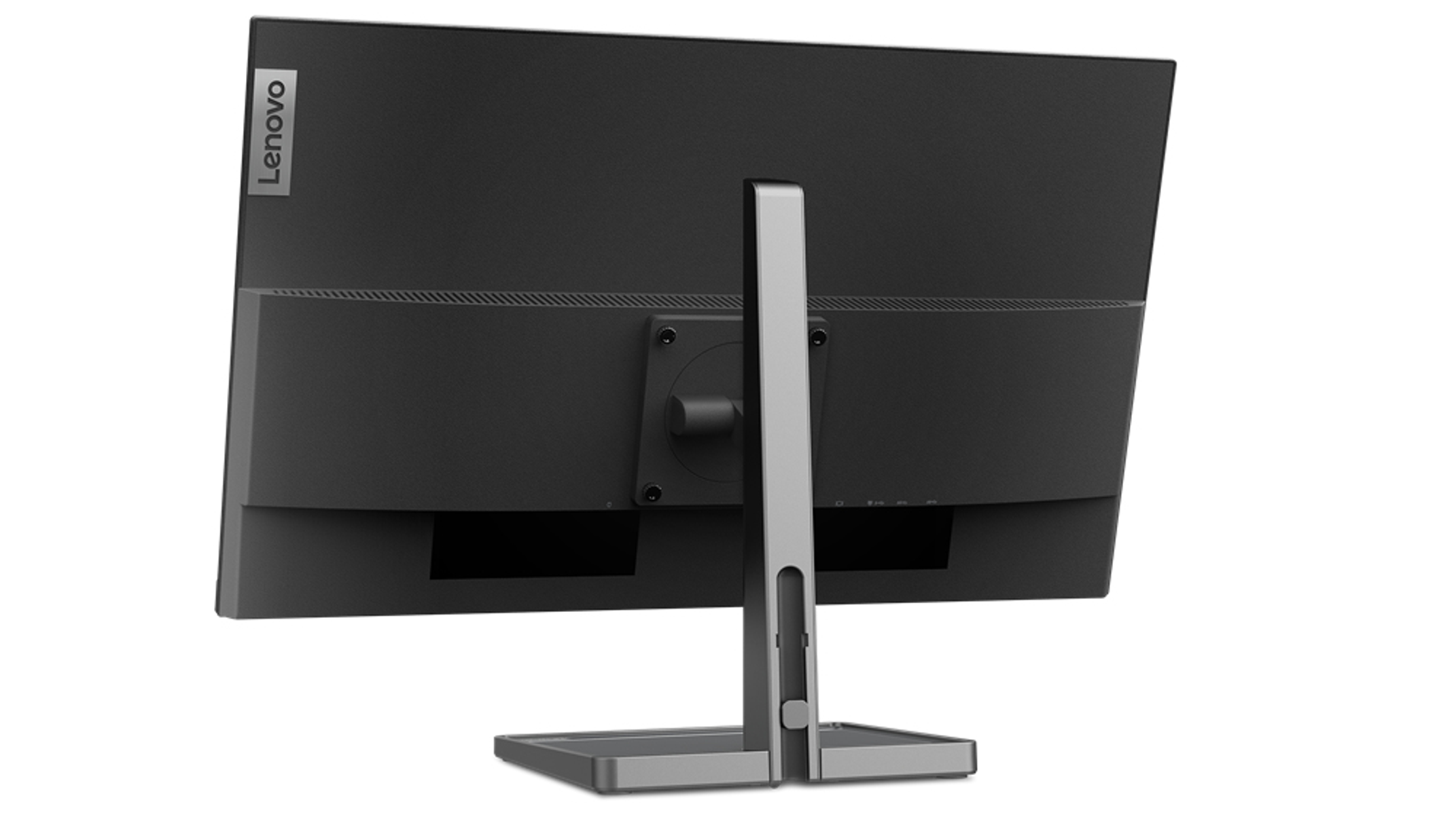 Rückseite eines Lenovo-Monitors mit Ständer, schwarz und grau. Lenovo-Logo sichtbar.