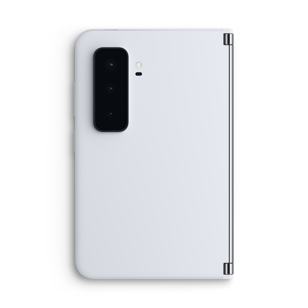Ein weißes Smartphone mit Klapp-Design und zwei Bildschirmen. Es hat eine Kamera.