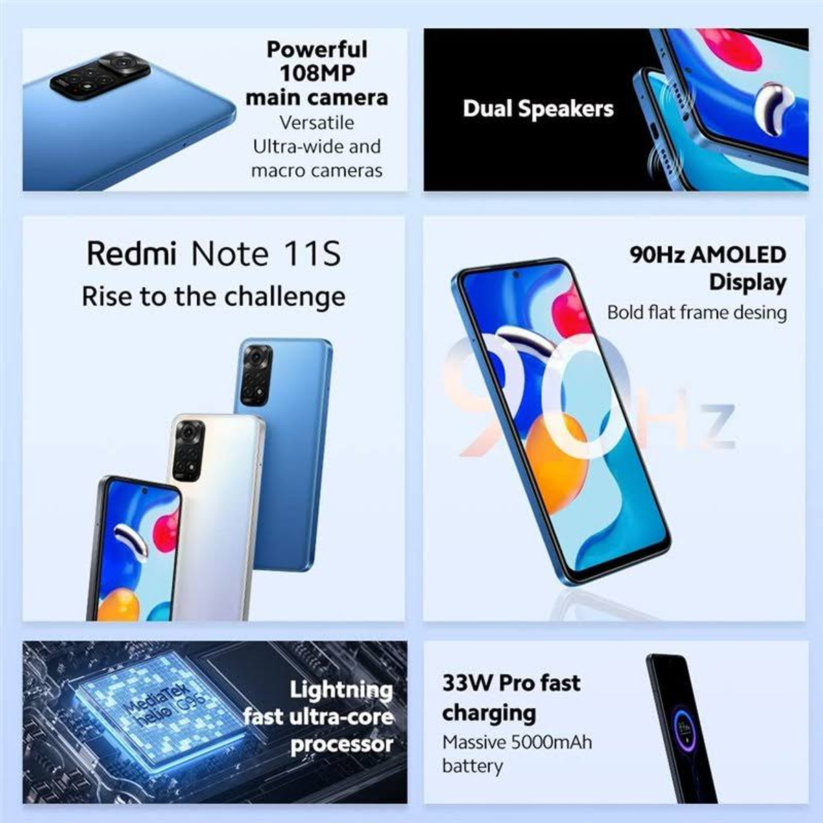Teléfono azul con funciones como cámara 108MP, altavoces duales y pantalla AMOLED 90Hz.