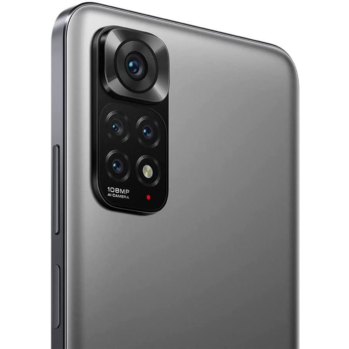 Primer plano de un smartphone con un módulo de cámara. Tiene una parte trasera gris y una cámara.