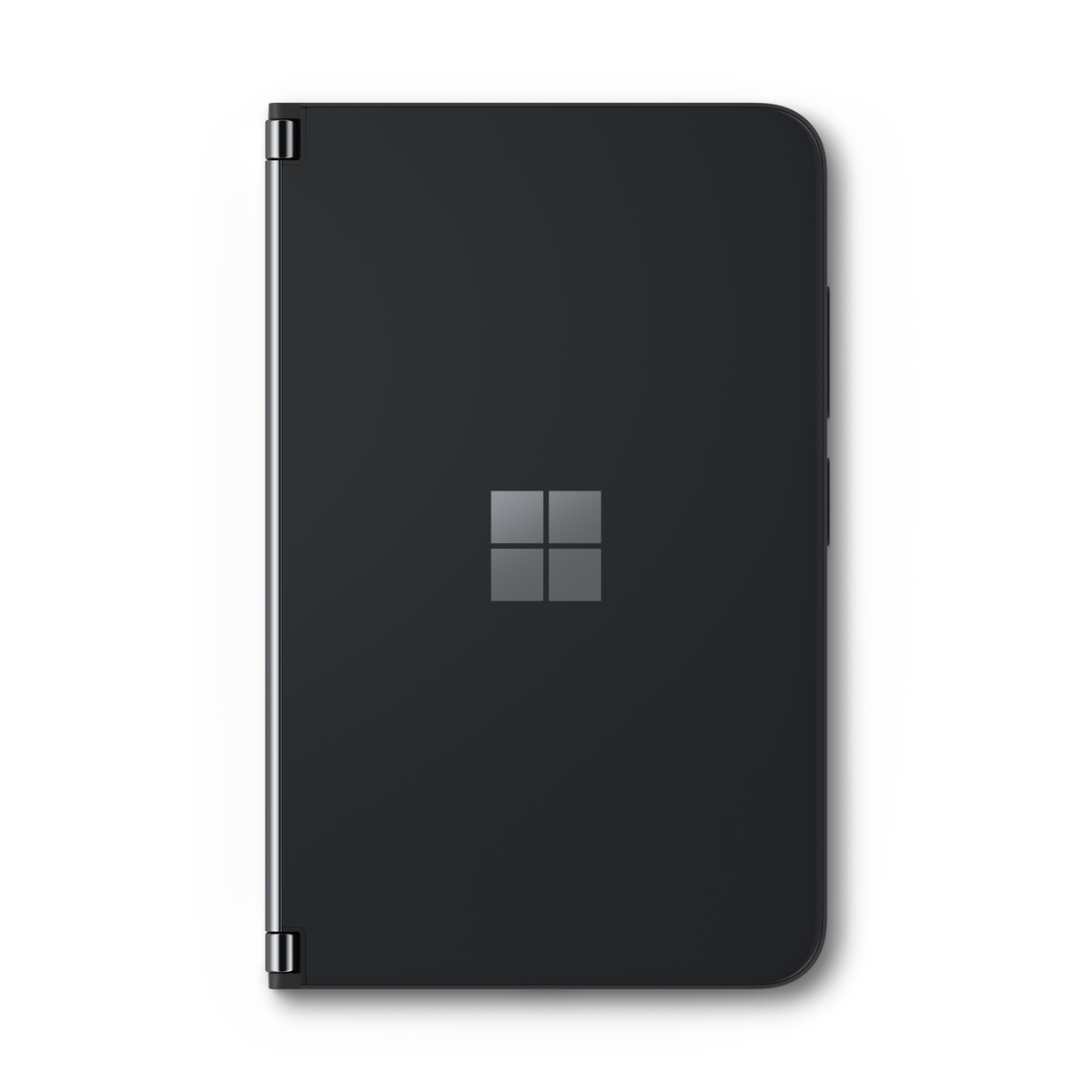 Geschlossenes schwarzes Microsoft Surface Duo. Das Microsoft-Logo ist mittig sichtbar.