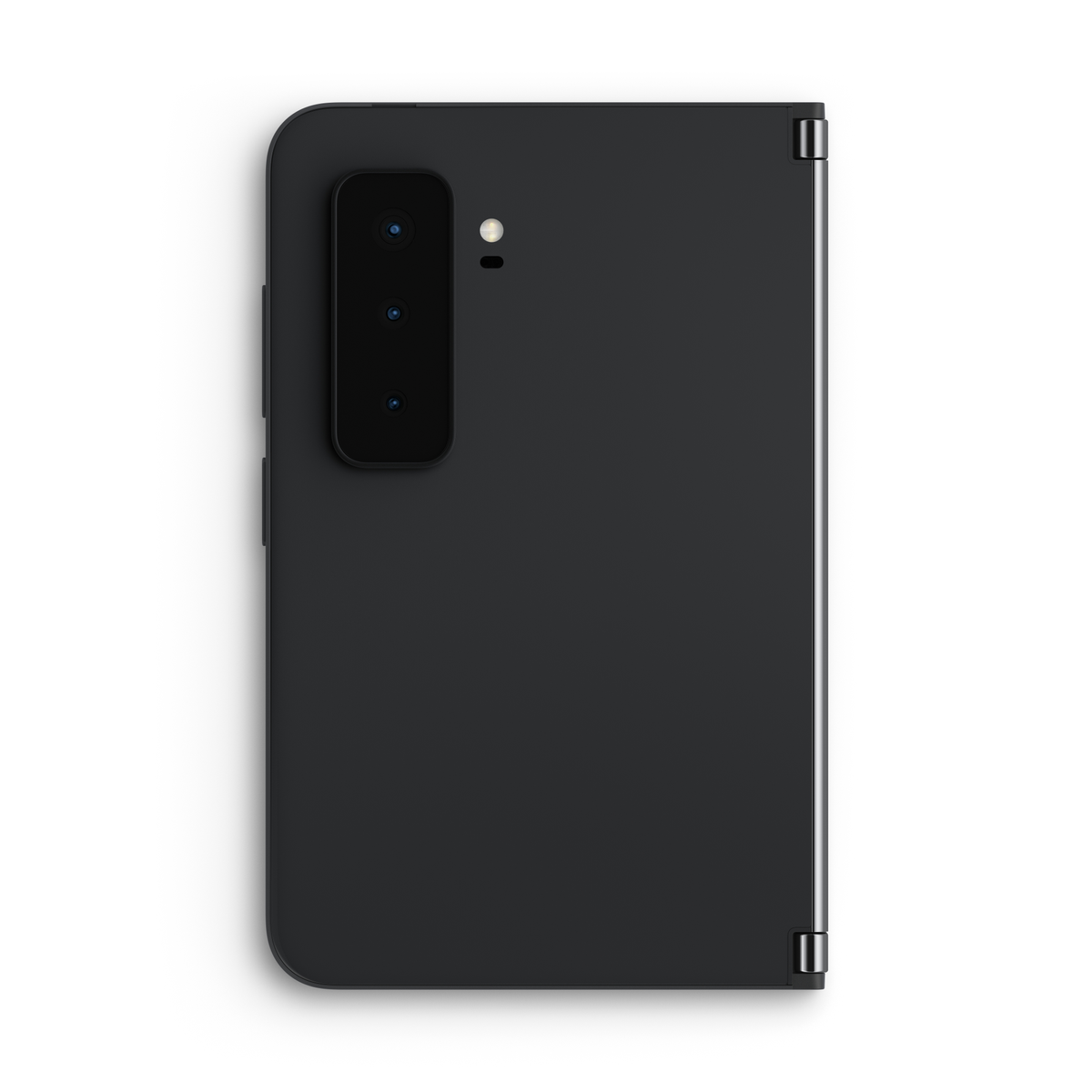 Schwarzes faltbares Telefon mit Dreifachkamera und Blitz auf der Rückseite.