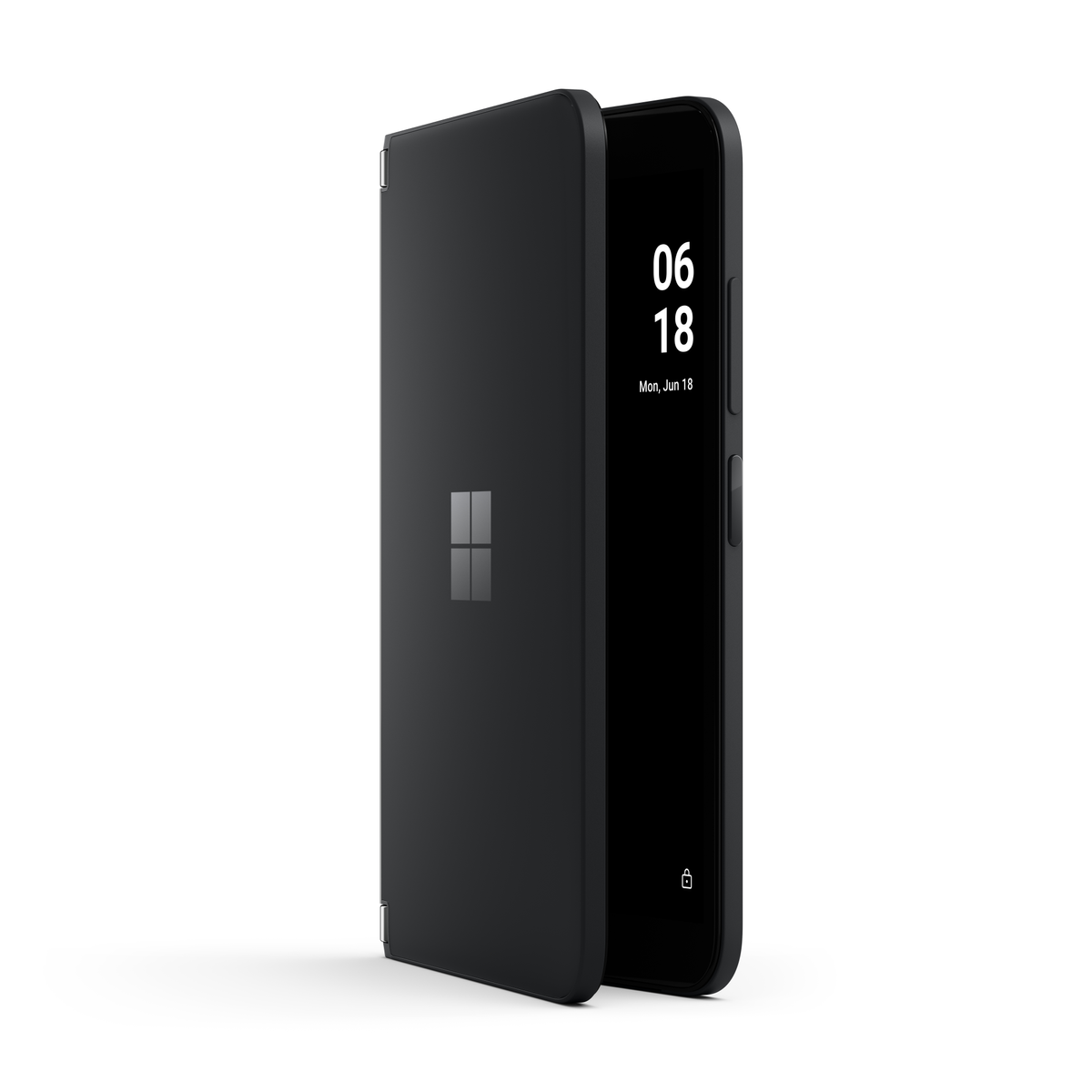 Schwarzes Klapphandy mit Microsoft-Logo. Anzeige zeigt Datum und Uhrzeit.