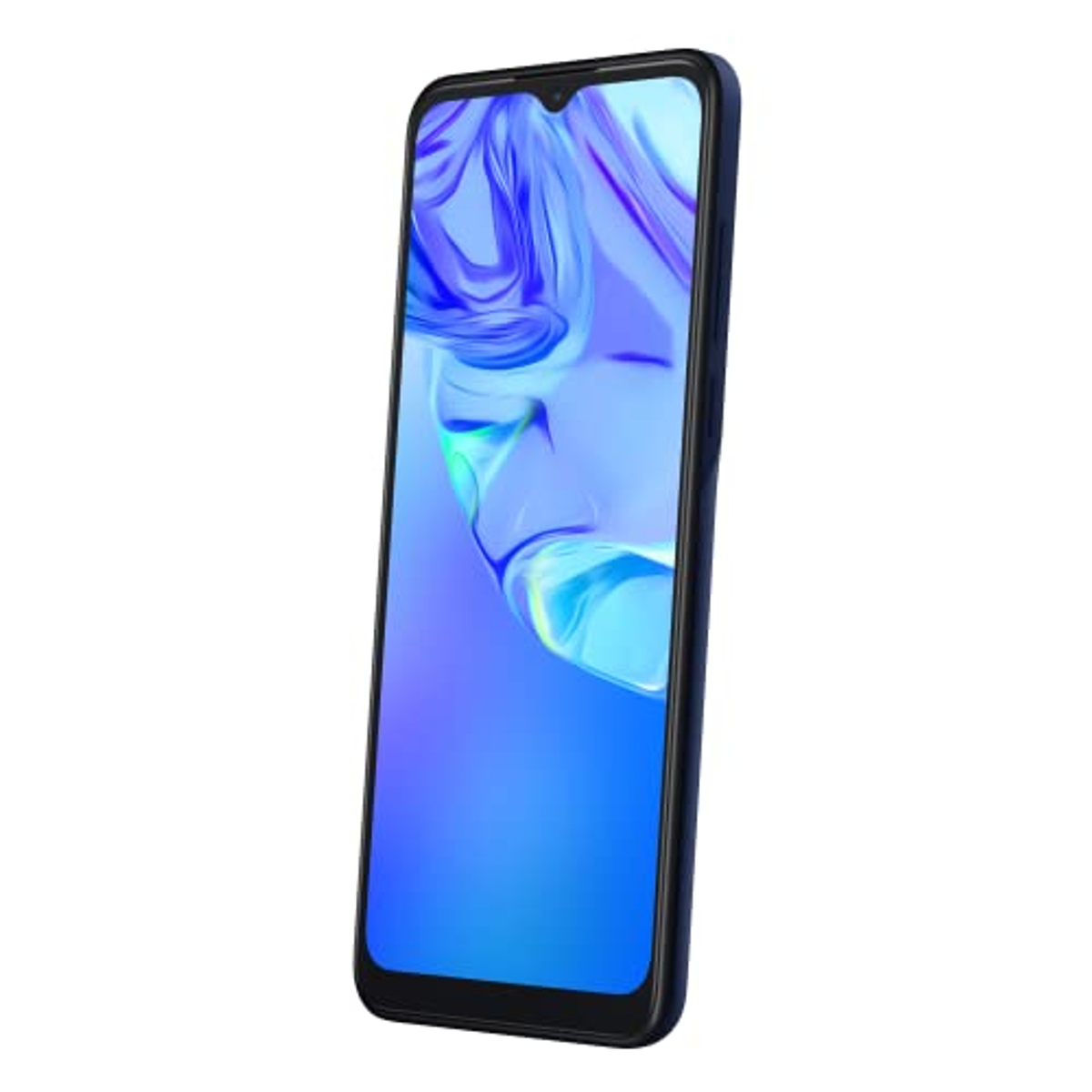 Un smartphone, en ángulo, con un marco oscuro y una pantalla azulada.