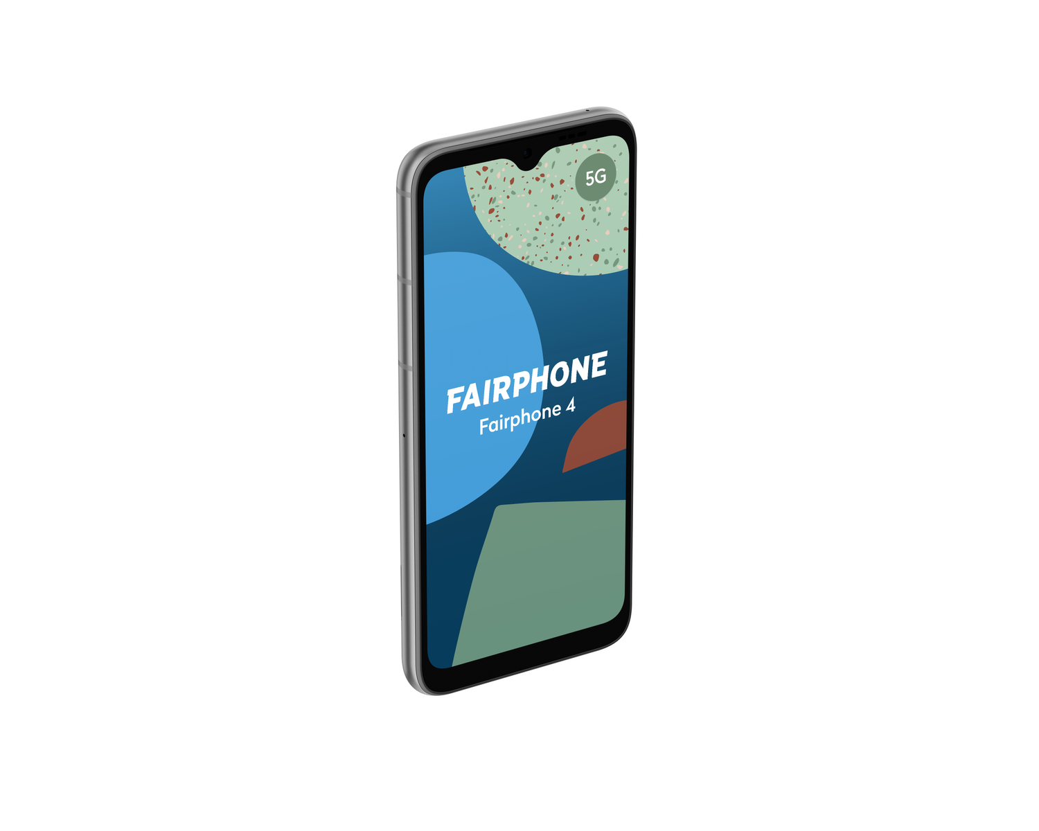 Smartphone Fairphone 4, en la mano, mostrando el logo Fairphone y el icono 5G en la pantalla.