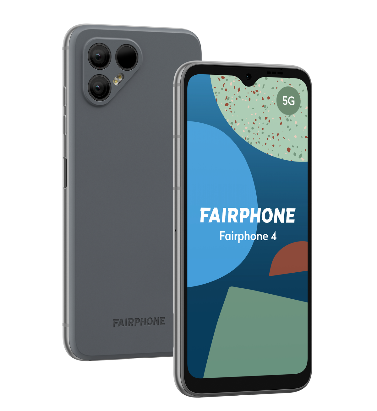 Dos smartphones grises. Uno es vista trasera. Uno es vista frontal con la pantalla encendida.