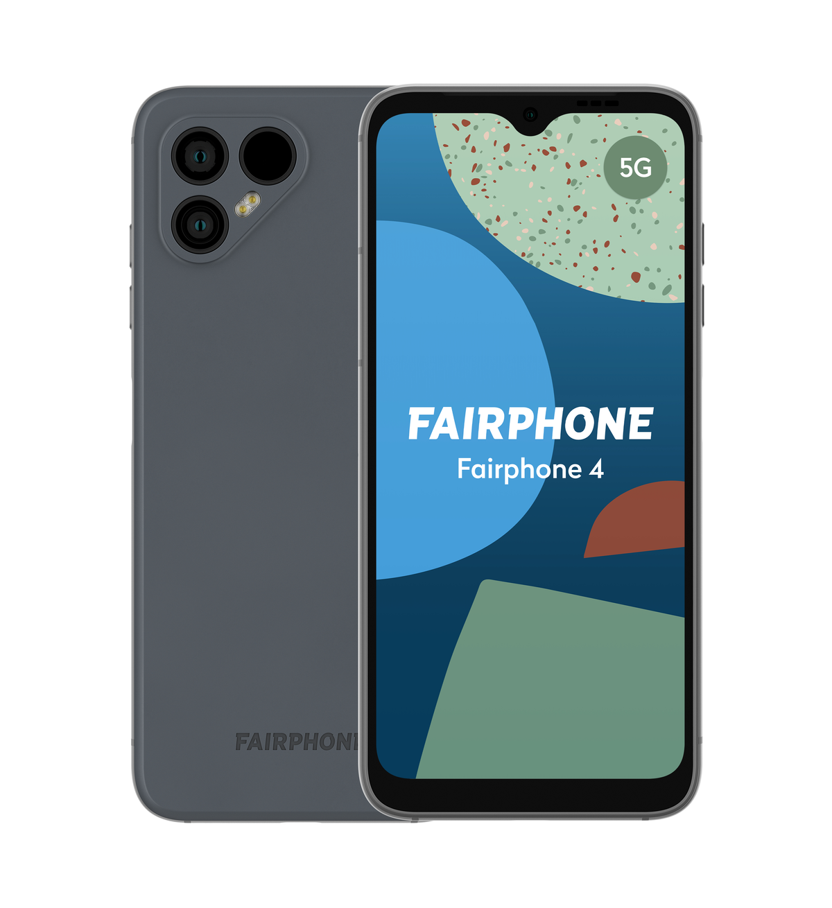 Fairphone 4 gris oscuro con logo 5G en la pantalla. Fondo blanco.