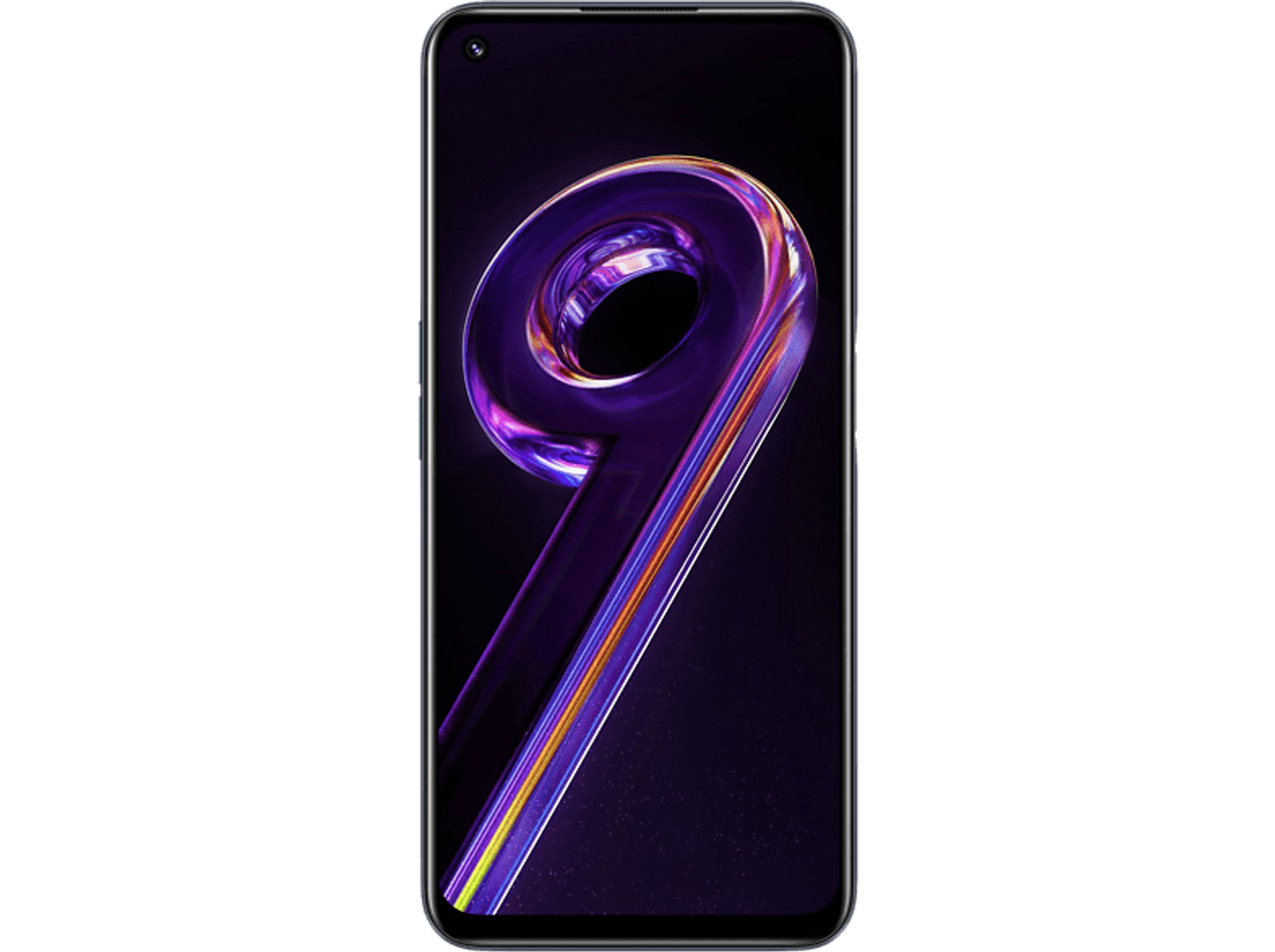 Un smartphone affichant un '9' violet stylisé sur un fond dégradé sombre.