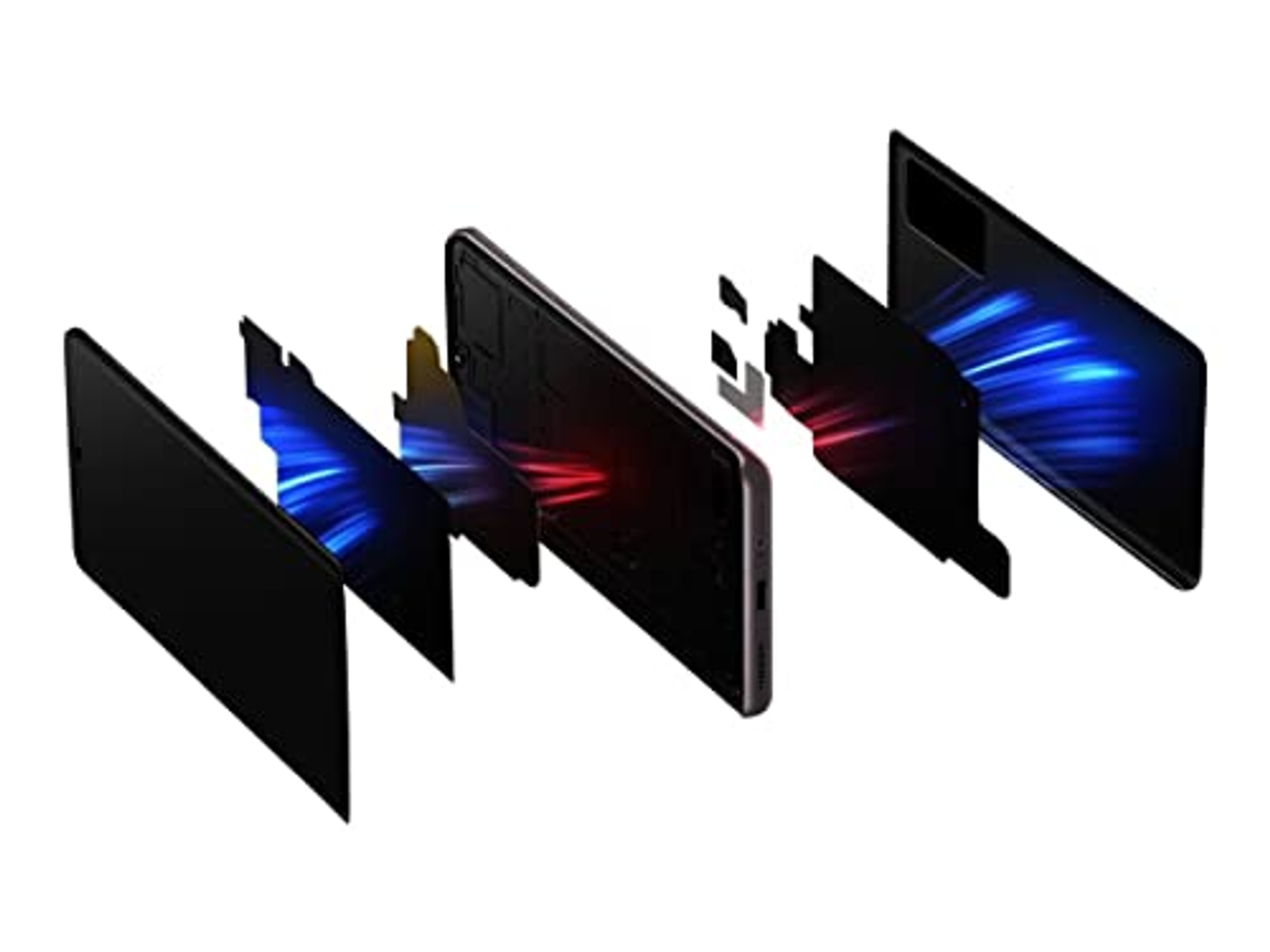 Ein Telefon wird in explodierter Ansicht gezeigt. Die Komponenten sind getrennt, mit blauem und rotem Licht.