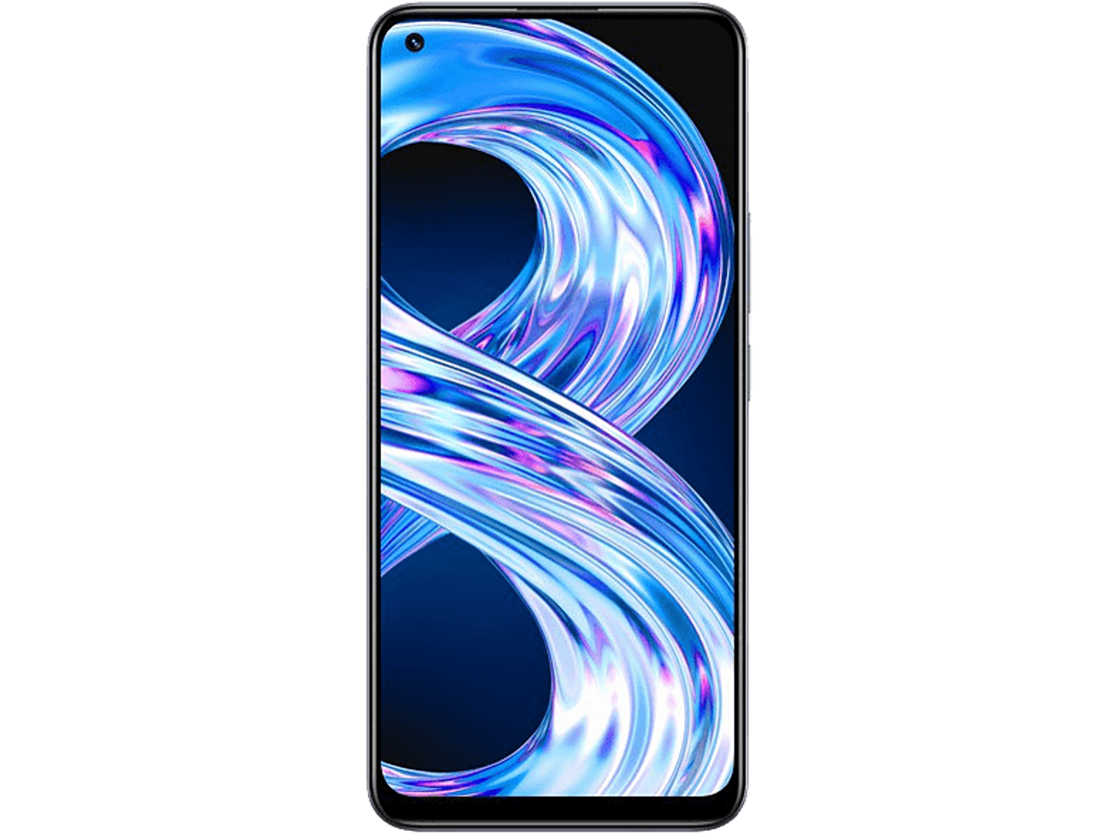 Ein schwarzes Smartphone mit großem Bildschirm, der ein blau-violettes abstraktes Design zeigt.