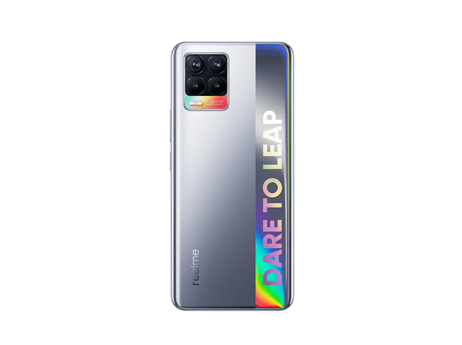 Silbernes Telefon mit farbigem Streifen. Rückansicht. Realme-Logo unten. Schwarzer Hintergrund.