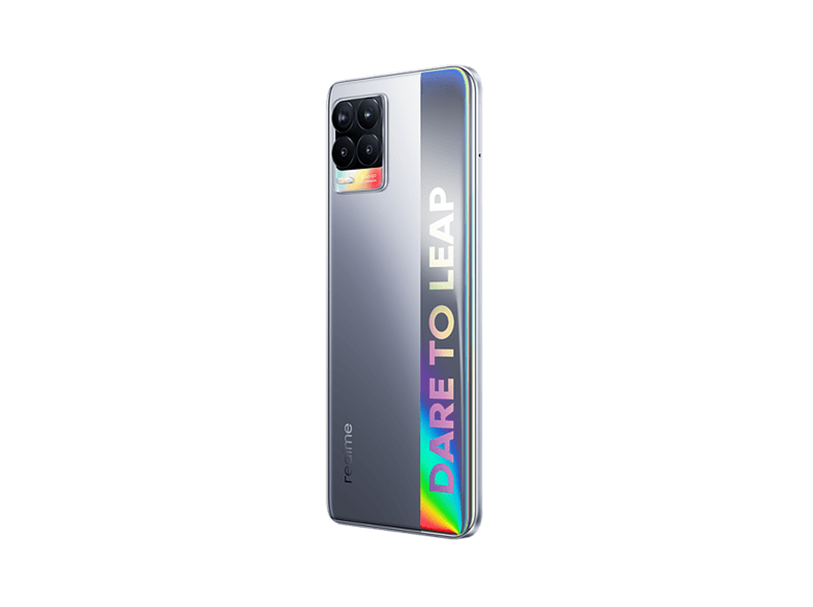 Silbernes und schwarzes Smartphone mit Farbverlaufstext auf der Rückseite mit der Aufschrift DARE TO LEAP.