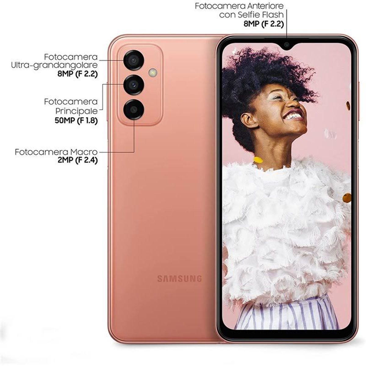 Telefono Samsung rosa. Retro presenta fotocamere e flash. Davanti mostra donna sorridente.