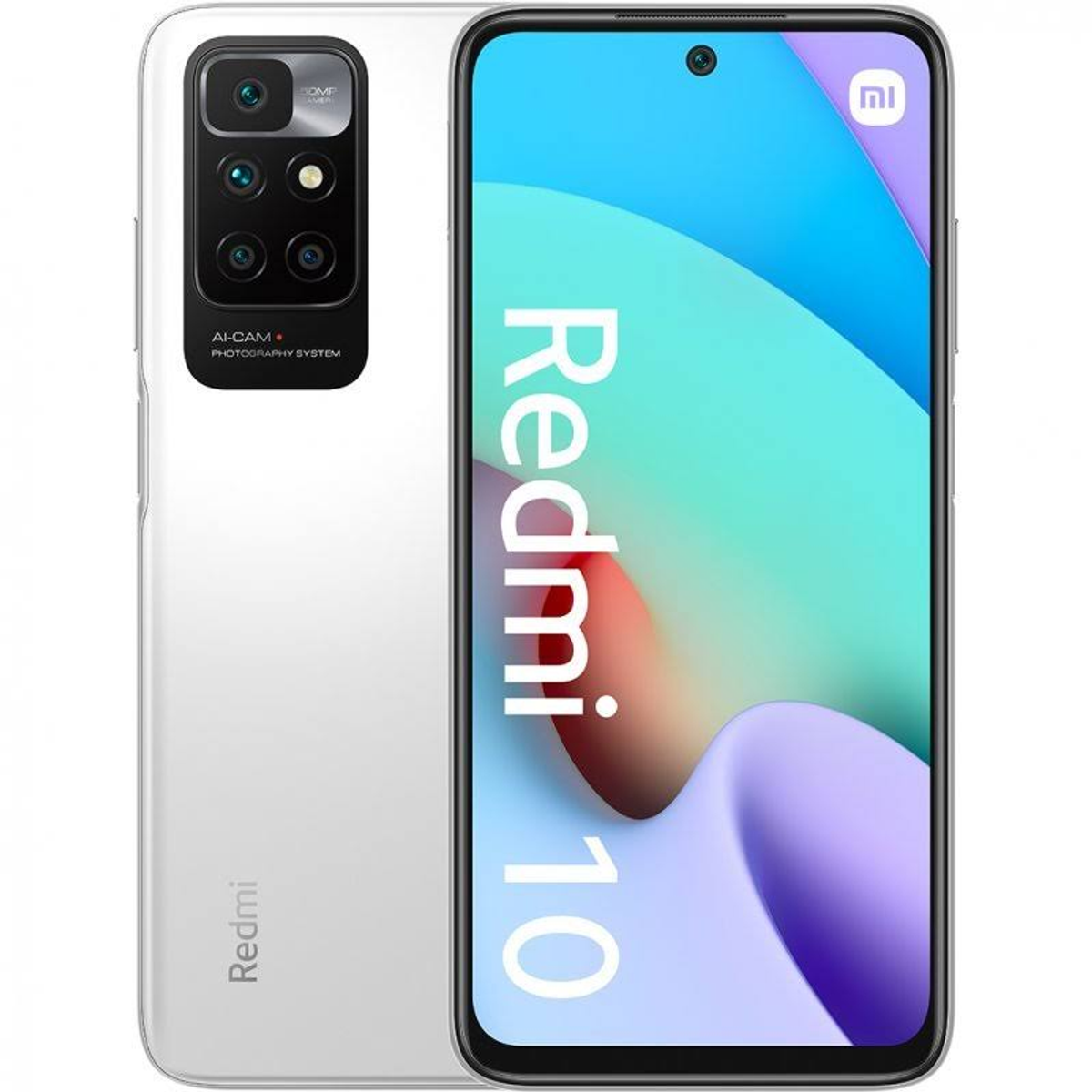 Uno smartphone bianco con il testo 'Redmi 10' sul display e protuberanza della fotocamera.