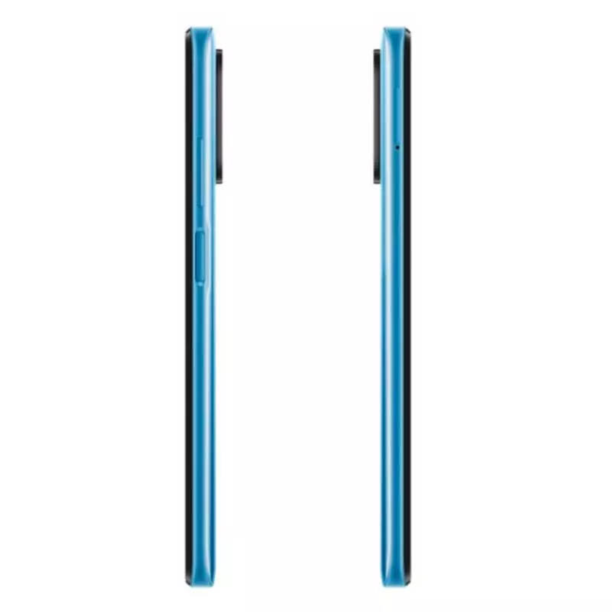 Due smartphone blu affiancati che mostrano i profili laterali destri con i pulsanti.