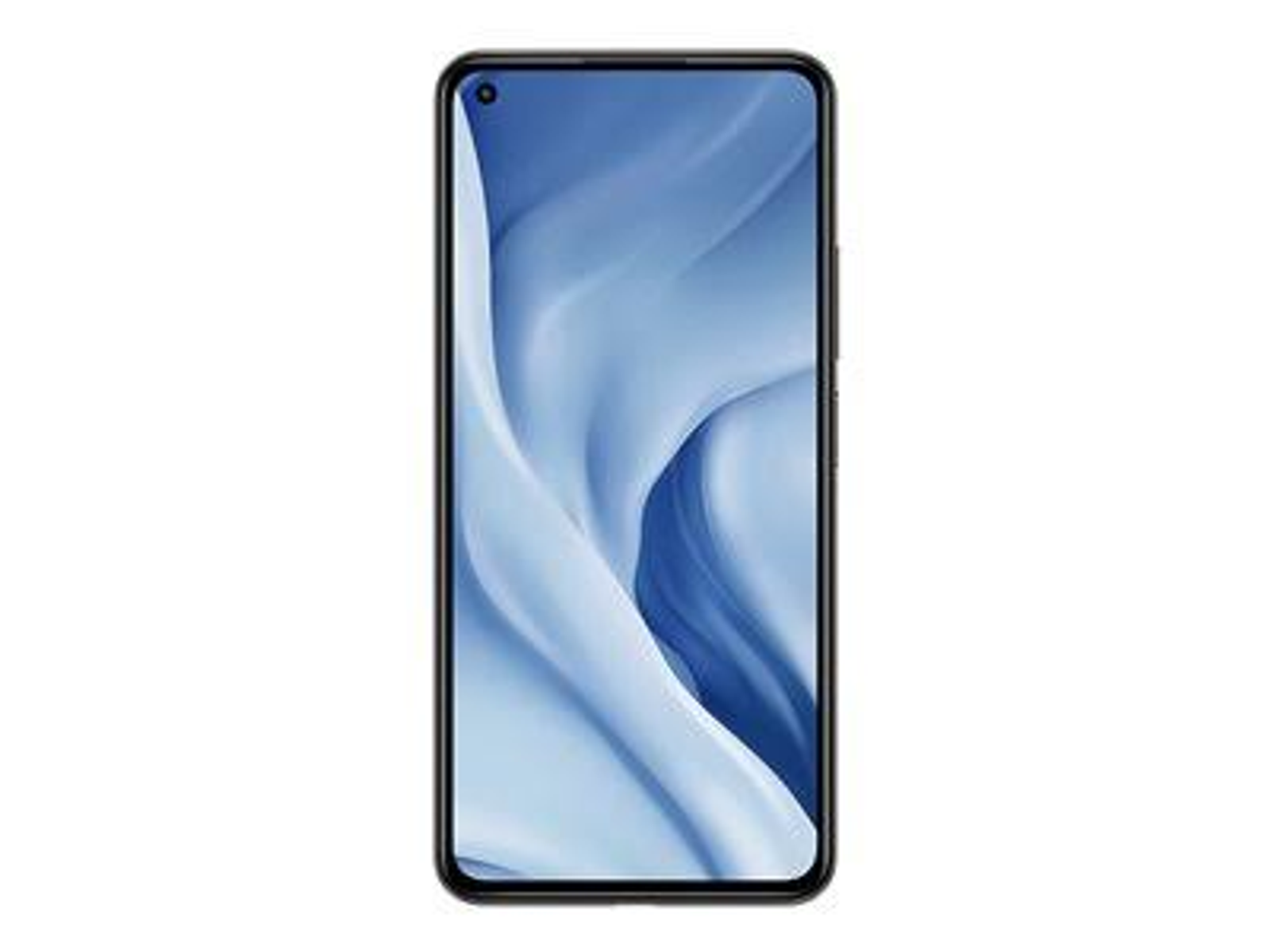 Uno smartphone nero con uno schermo che mostra un motivo blu e fluido. Il telefono è in posizione verticale.