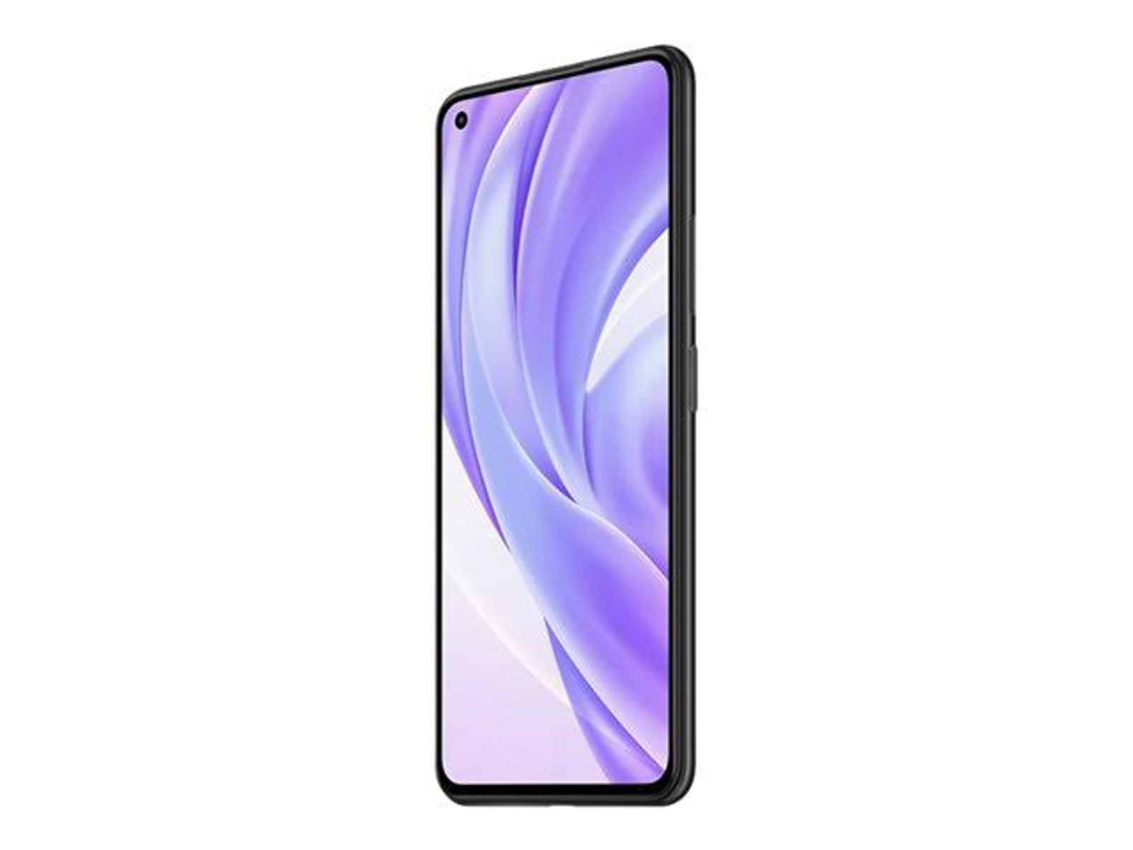 Un telefono, vista angolata, con uno schermo curvo che mostra forme astratte viola e bianche.