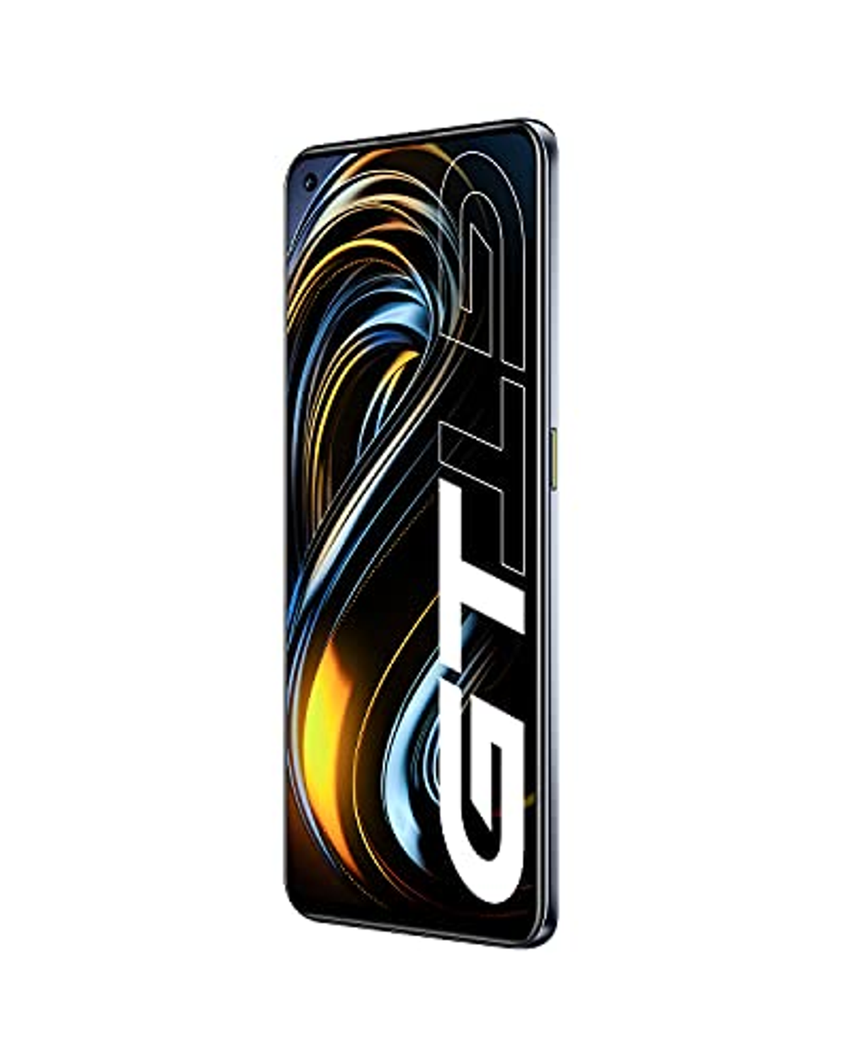 Un telefono nero e giallo con un logo GT visualizzato sullo schermo.