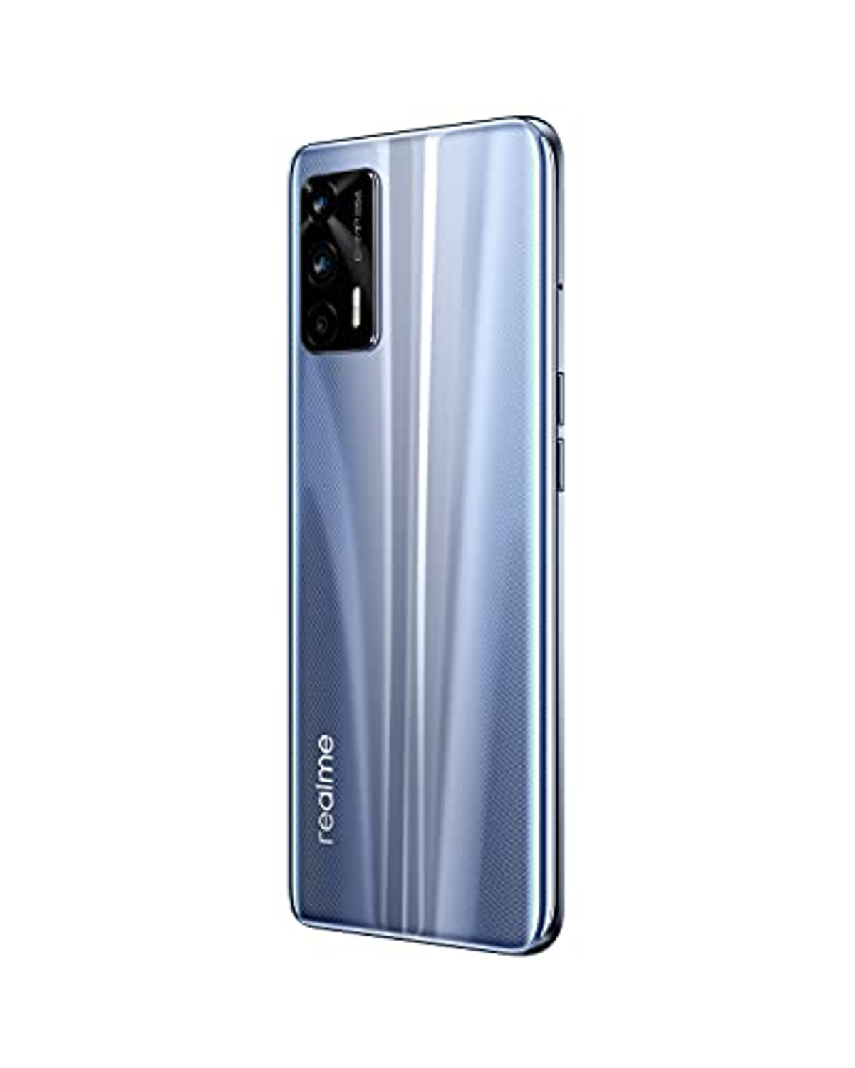 Vista posteriore di telefono blu con tripla fotocamera e retro argento.