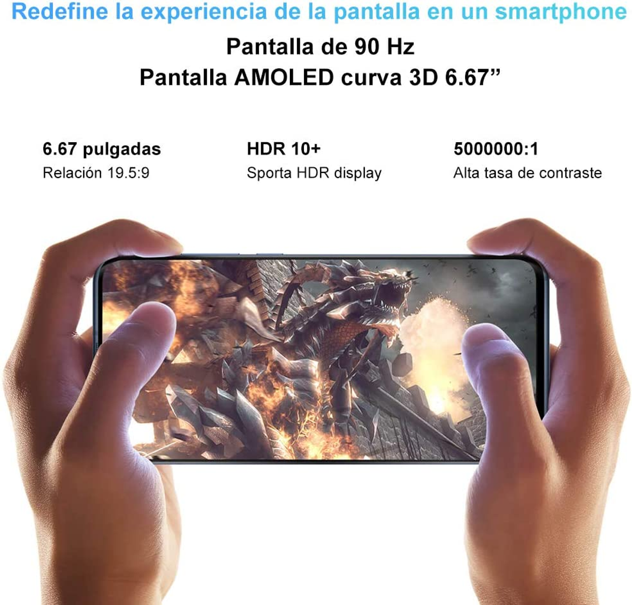 Ręce trzymające telefon wyświetlający scenę z gry. Obecny jest tekst o funkcjach wyświetlacza.
