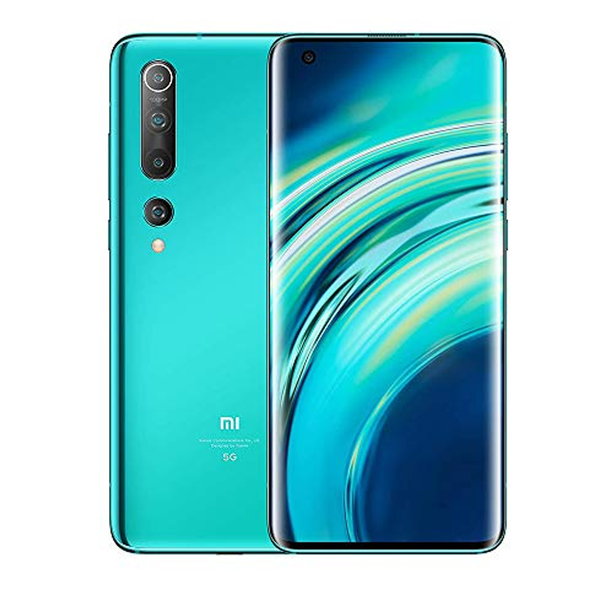 Turkusowy smartfon, pokazujący tył z aparatami i logo MI, białe tło.