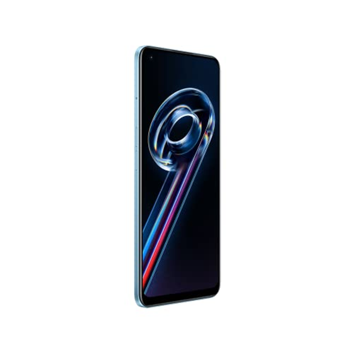 Blaues Smartphone mit Vollbildanzeige, das ein farbenfrohes, abstraktes Design zeigt.