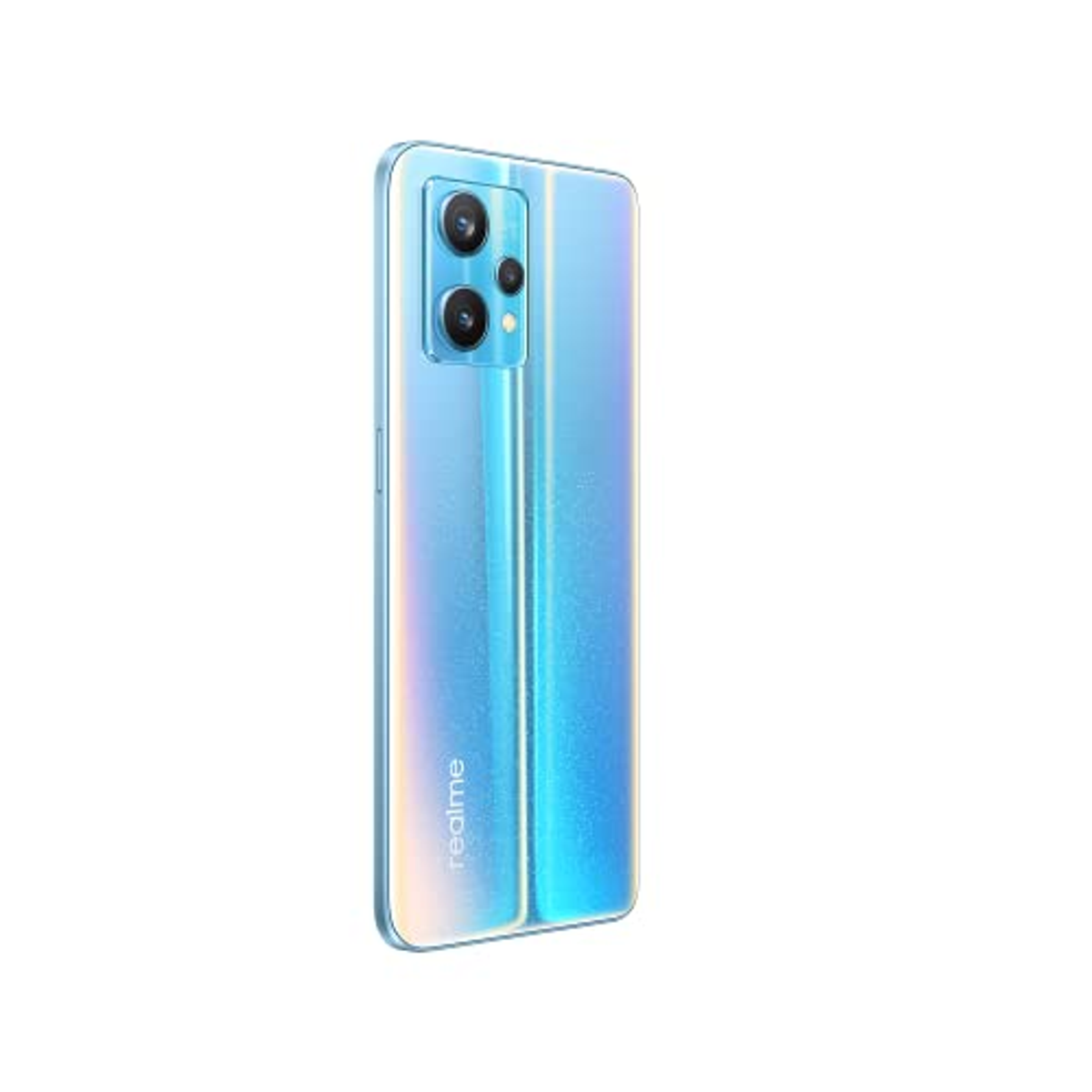 Ein blau-silbernes Realme-Telefon, Rückseite mit Kameras und schlankem Design.