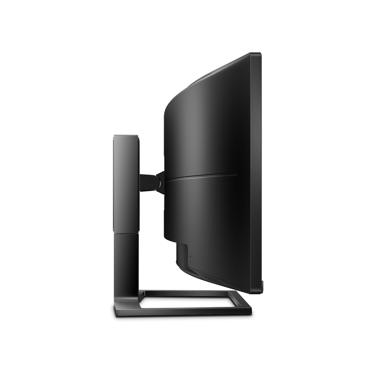 Monitor per computer curvo nero con supporto nero, vista laterale, su sfondo bianco.