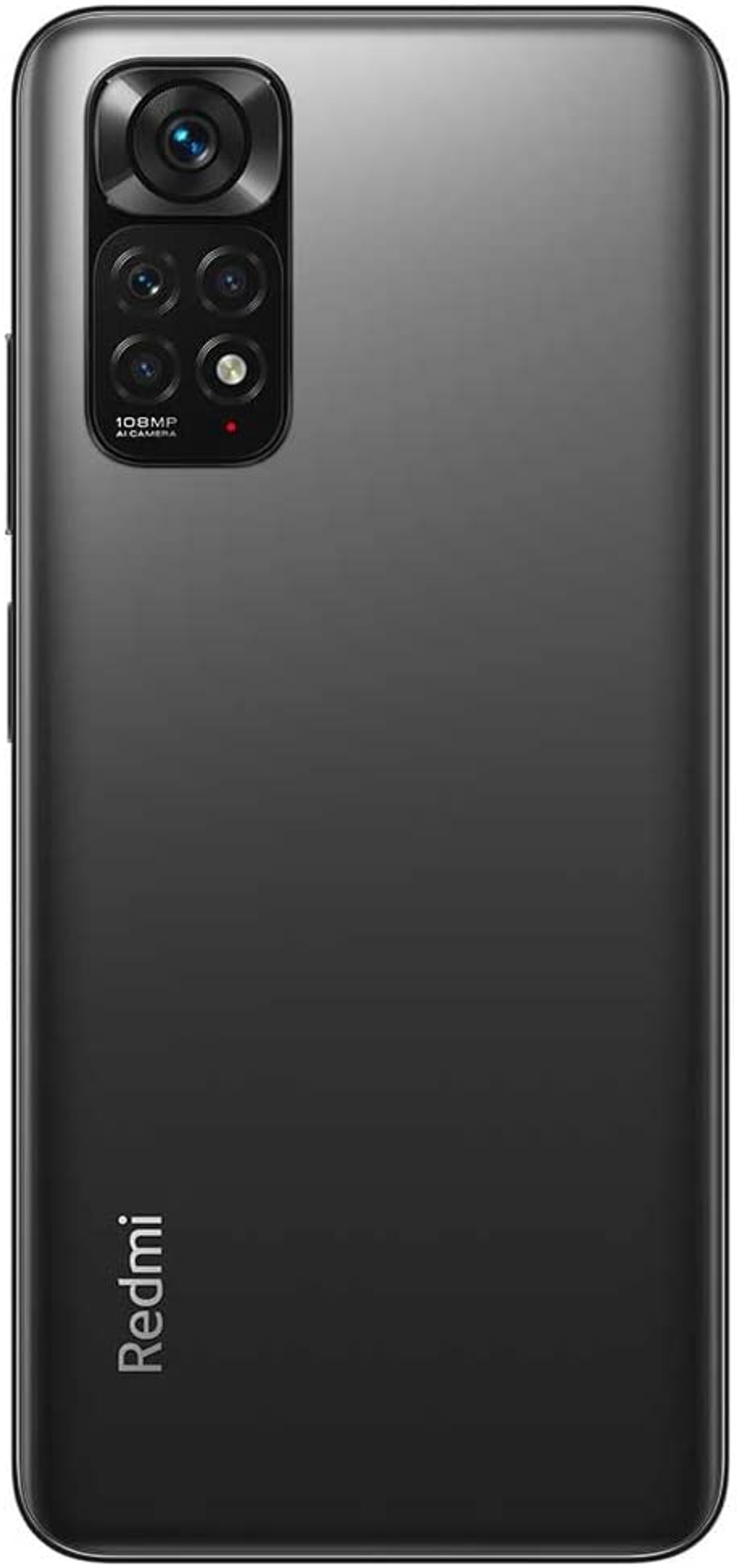 Die Rückseite eines grauen Telefons mit Kamerahöcker. Das Telefon hat das Redmi-Logo und eine 108MP-Kamera-Bezeichnung.