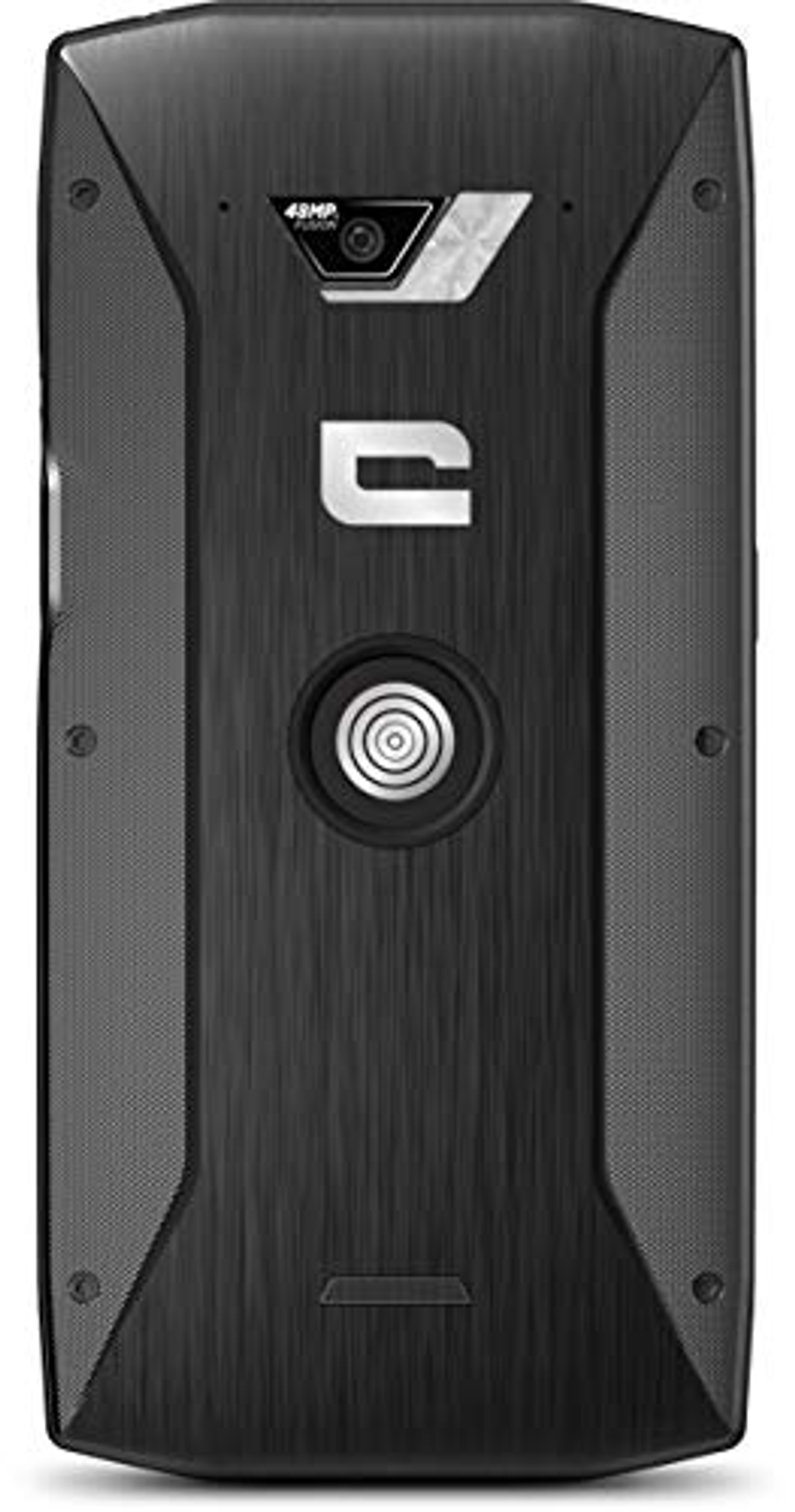 Schwarzes Telefon mit robustem Design. Es hat eine Kamera und ein Logo auf der Rückseite.