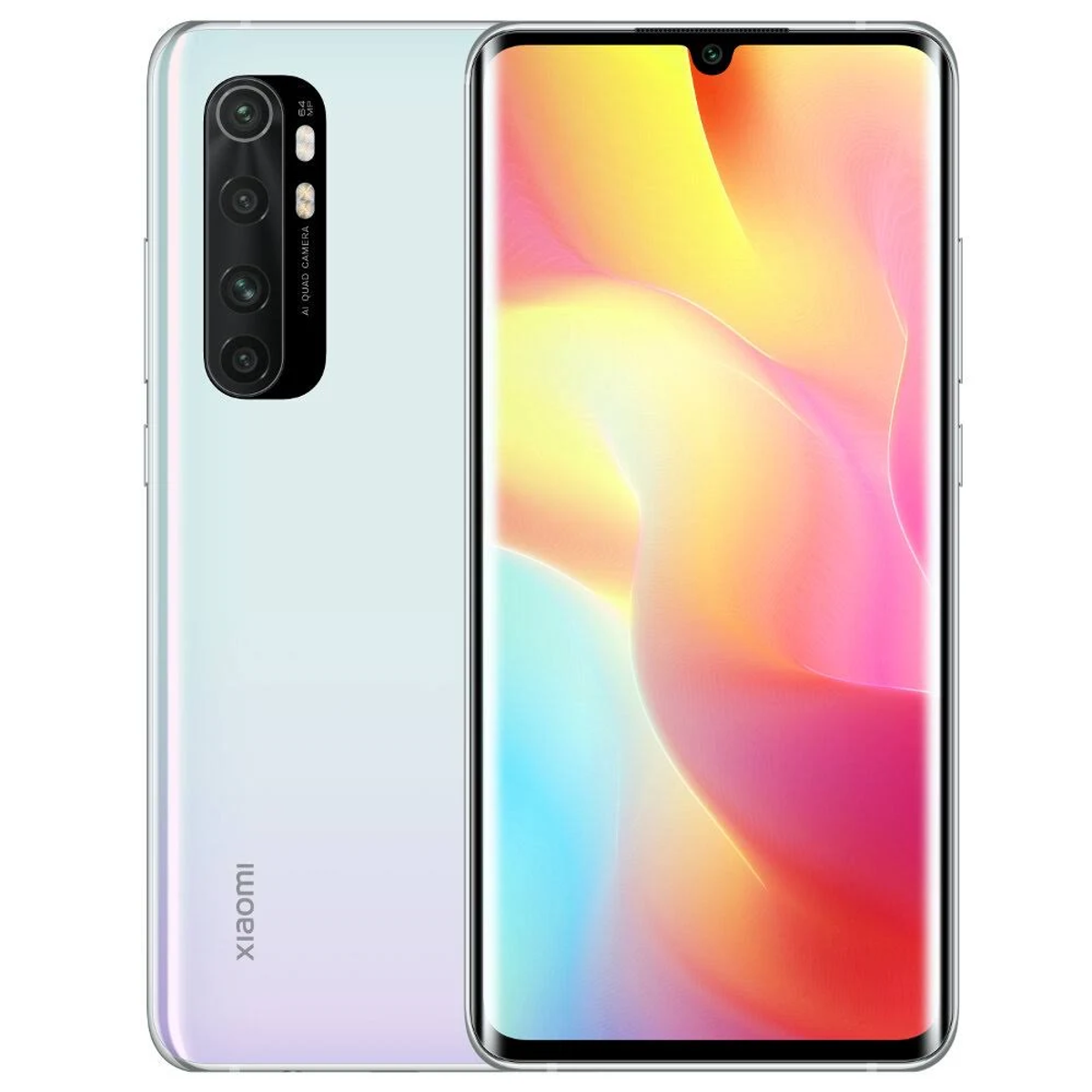Weißes Smartphone mit großem Bildschirm, farbenfroher Grafik und Vierfachkamera.